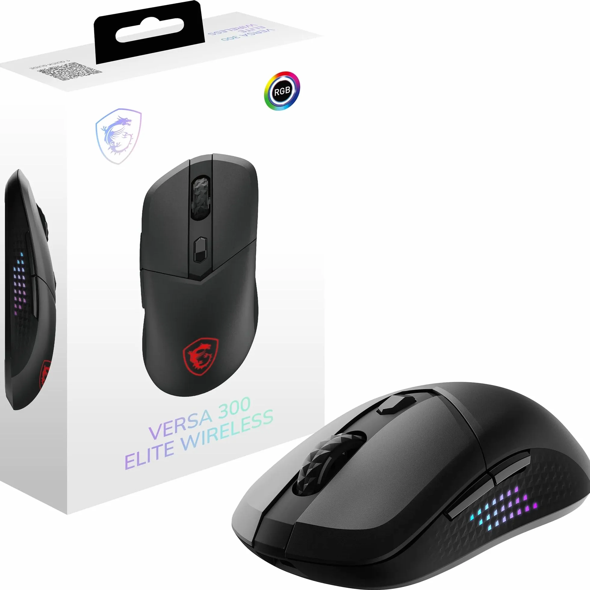 MSI Versa 300 Elite Wireless Gaming Mouse — 26,000 dpi photosensor, 1000 Hz polling rate, balanced, 60 million click OMRON switch, 200-hour battery, 1 ms latency, RGB, 65 g — wired/wireless