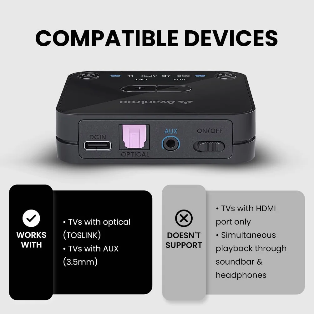 Avantree Audikast Plus - nadajnik audio Bluetooth 5.3 do telewizora ze zwiększoną głośnością optyczną, niskim opóźnieniem i adaptacją aptX, rozszerzonym zasięgiem 30 metrów, podwójnym łączem