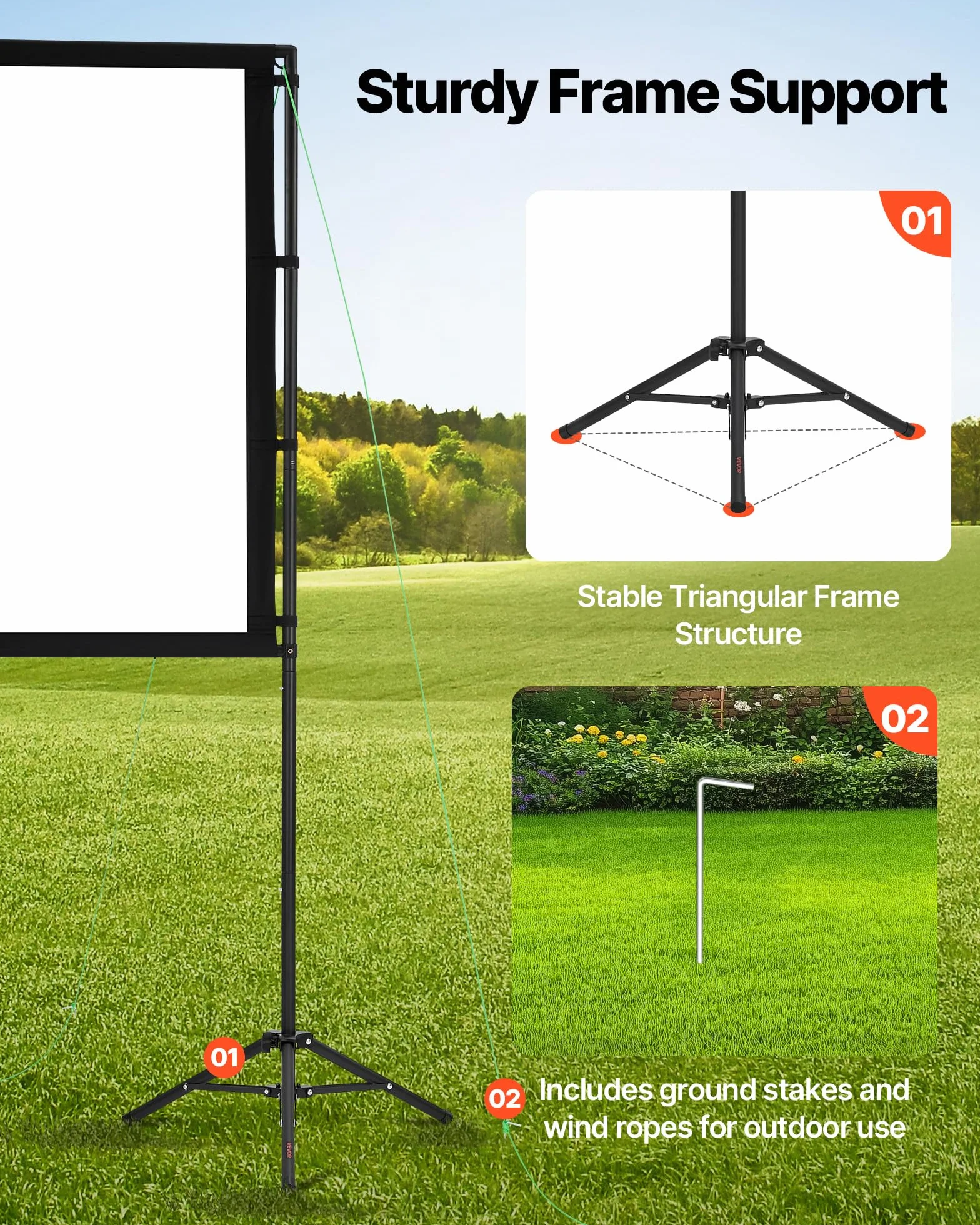 VEVOR Ekran projektora z podstawką, ekran projekcyjny o szerokim kącie ok. 2133,6 mm, przenośny do użytku wewnątrz i na zewnątrz, 160°, 4K HD 16:9, podwójny statyw z torbą transportową
