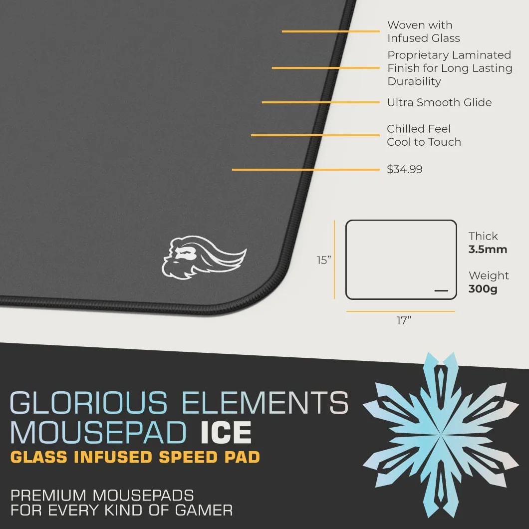 Glorious Gaming podkładka Elements ICE - materiał zawierający szkło zapewniający szybkość i precyzję, szyte krawędzie, antypoślizgowy spód, podkładka zimna w dotyku, ICE (430x380x3 mm) – czerń