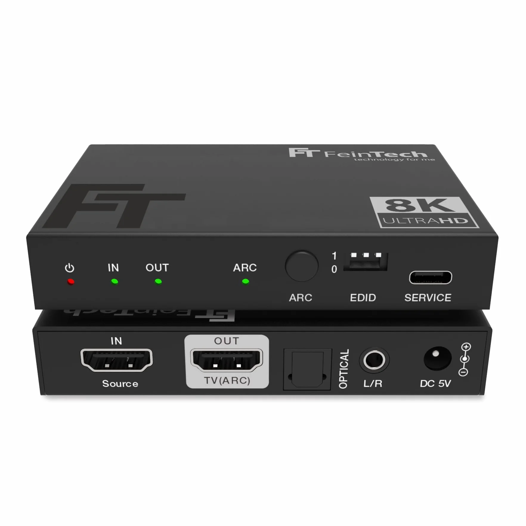 FeinTech AX210 ekstraktor audio HDMI 2.1 4K 120Hz 8K VRR ALLM, HDMI-Out + audio (optyczny Toslink 5.1 + AUX stereo), CEC-Pass i ARC, obsługa TV do systemu dźwiękowego