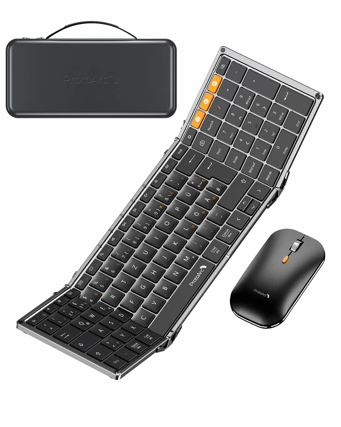 ProtoArc Składana klawiatura bezprzewodowa i mysz, XKM01 klawiatura Bluetooth, składana mysz, 2,4 G + Dual Bluetooth, pełnowymiarowa, mobilna klawiatura, układ QWERTZ, do iPada, tabletu, iPhone'a