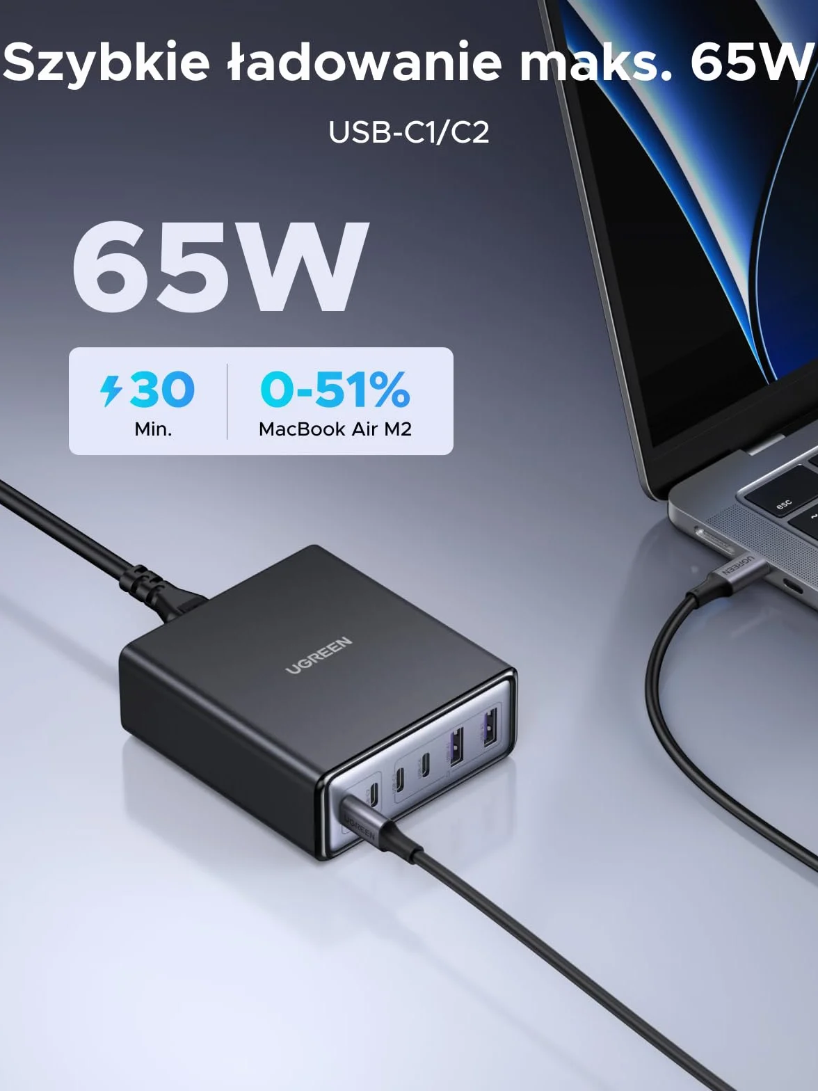 Ładowarka USB-C UGREEN 100 W, 6-portowa stacja ładująca, zasilacz GaN 65 W, szybka ładowarka PPS, uniwersalna, kompatybilna z MacBookiem Pro/Air, serią iPhone 17-8, Galaxy S25, A15, Pixel 9, iPad