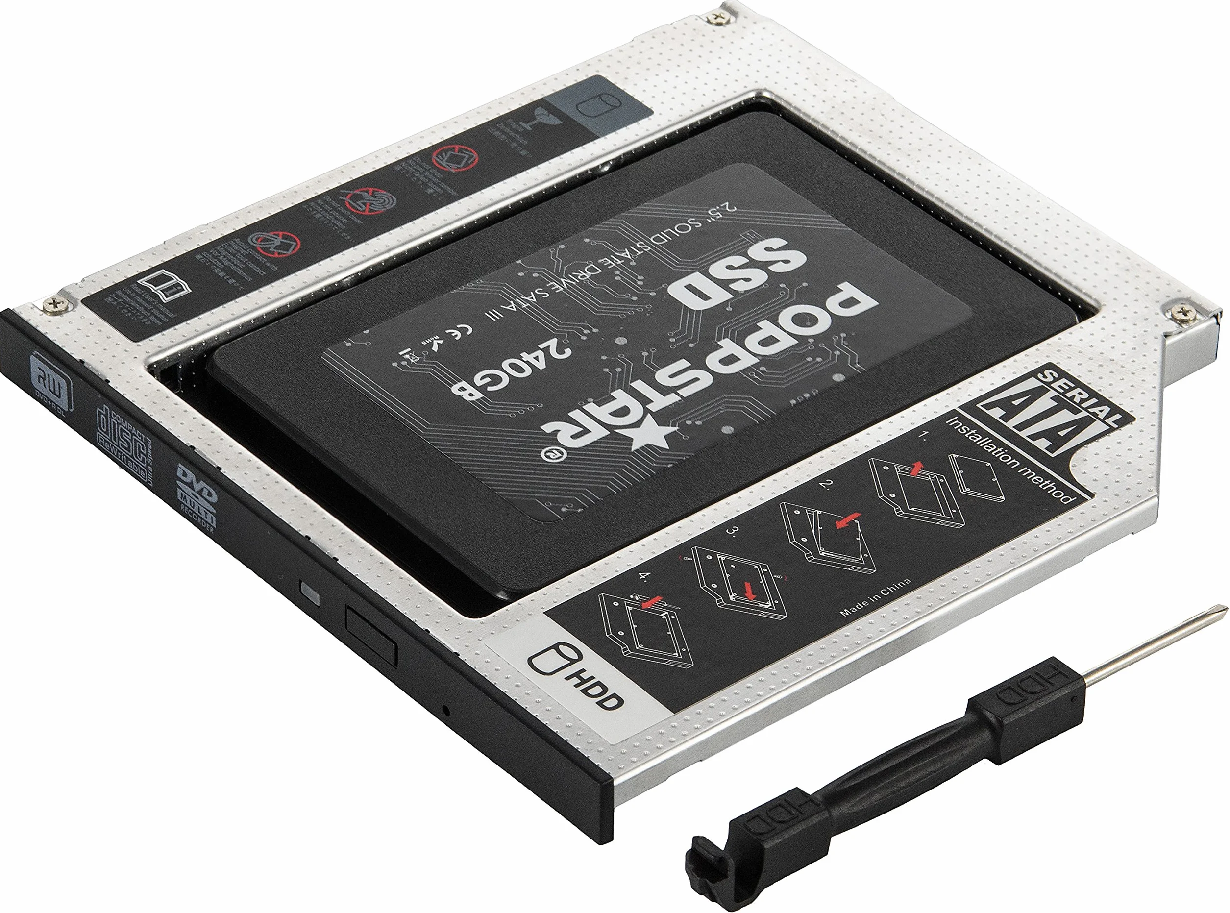 Poppstar rama napędu do dysku twardego SSD/HDD 2,5” (7 mm, 9,5 mm), we wnęce dysków CD-DVD SATA 3 (do notebooka, laptopa), rama napędu, zestaw do przebudowy