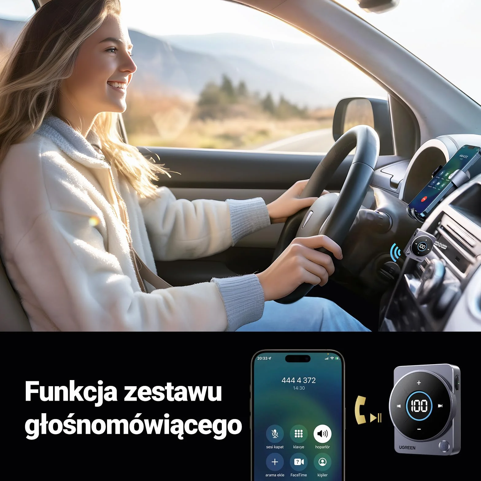 UGREEN Adapter Aux Bluetooth 5.4 do samochodowego adaptera Aux Bluetooth jack 3,5 mm, zestaw głośnomówiący z odbiornikiem Bluetooth 20 godzin odtwarzania dla radia samochodowego/systemu stereo
