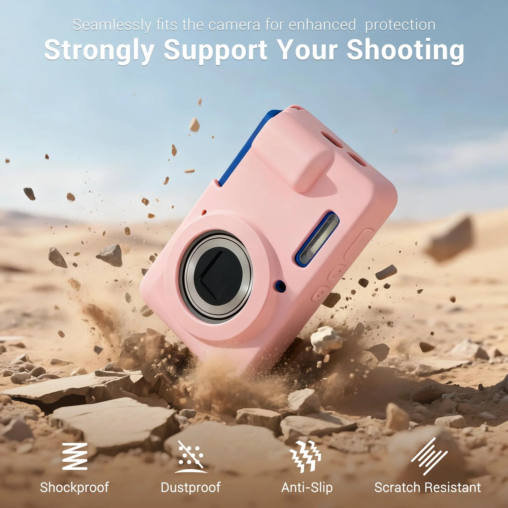 PROfezzion Silikonowe etui ochronne do Kodak PIXPRO FZ55, dopasowany krój, akcesoria do rękawów ze szklanym ochraniaczem ekranu i paskiem na nadgarstek do aparatu cyfrowego Kodak FZ55 - różowe