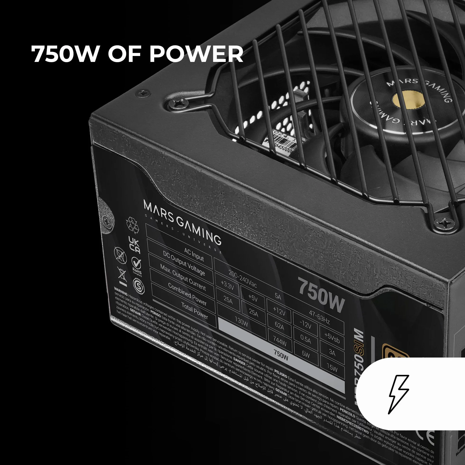 MARS GAMING MPB750SIM, W pełni modularny zasilacz ATX 750W, 7 lat gwarancji, 80Plus Bronze 230V EU, 90% efektywności, wentylator SI Extreme Silence 140mm, technologie AI2-RPM, DC-DC i SMD, Czarny