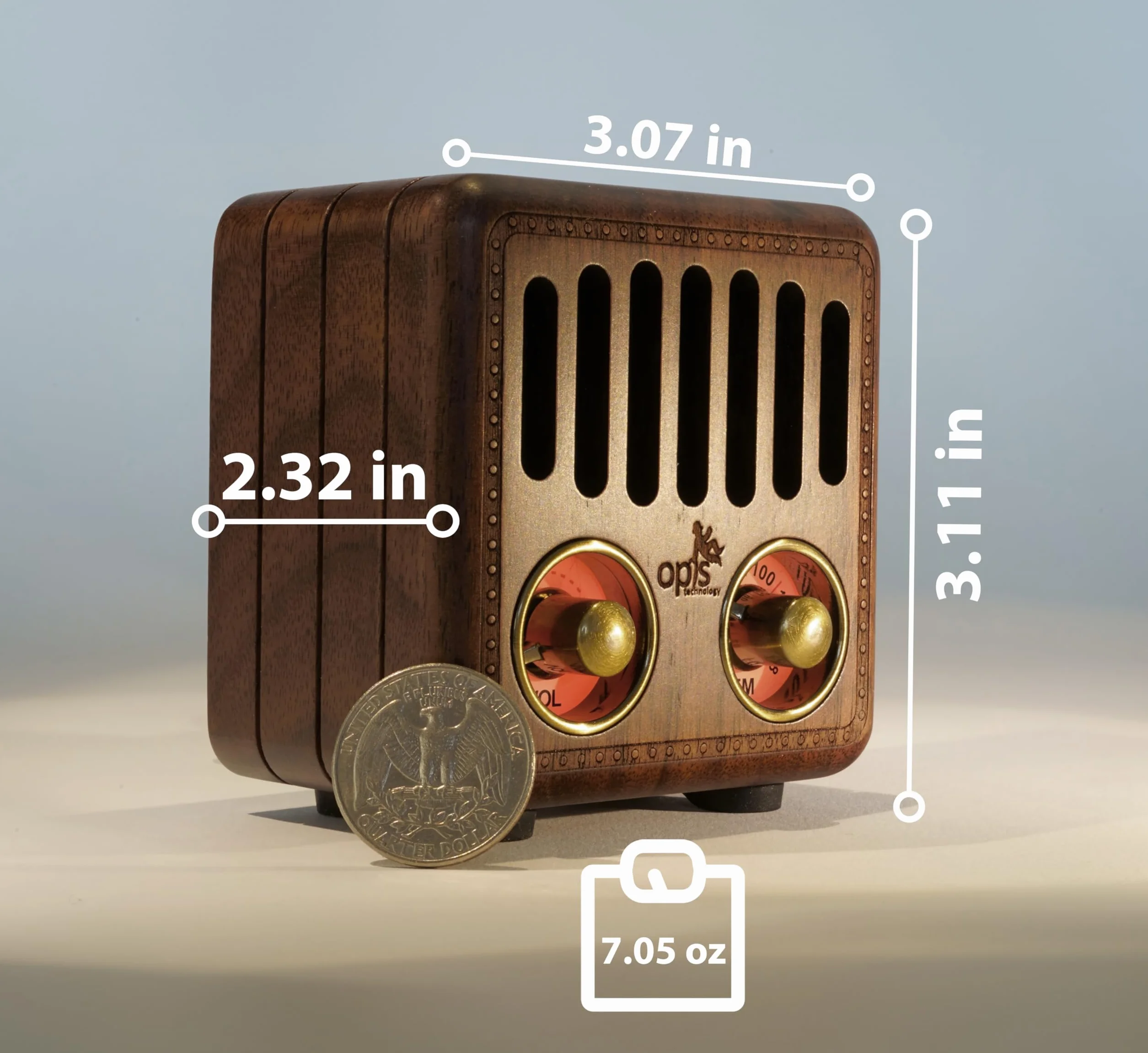 Opis Radio 2 – Mały drewniany głośnik retro bluetooth i radio UHF (orzech włoski)