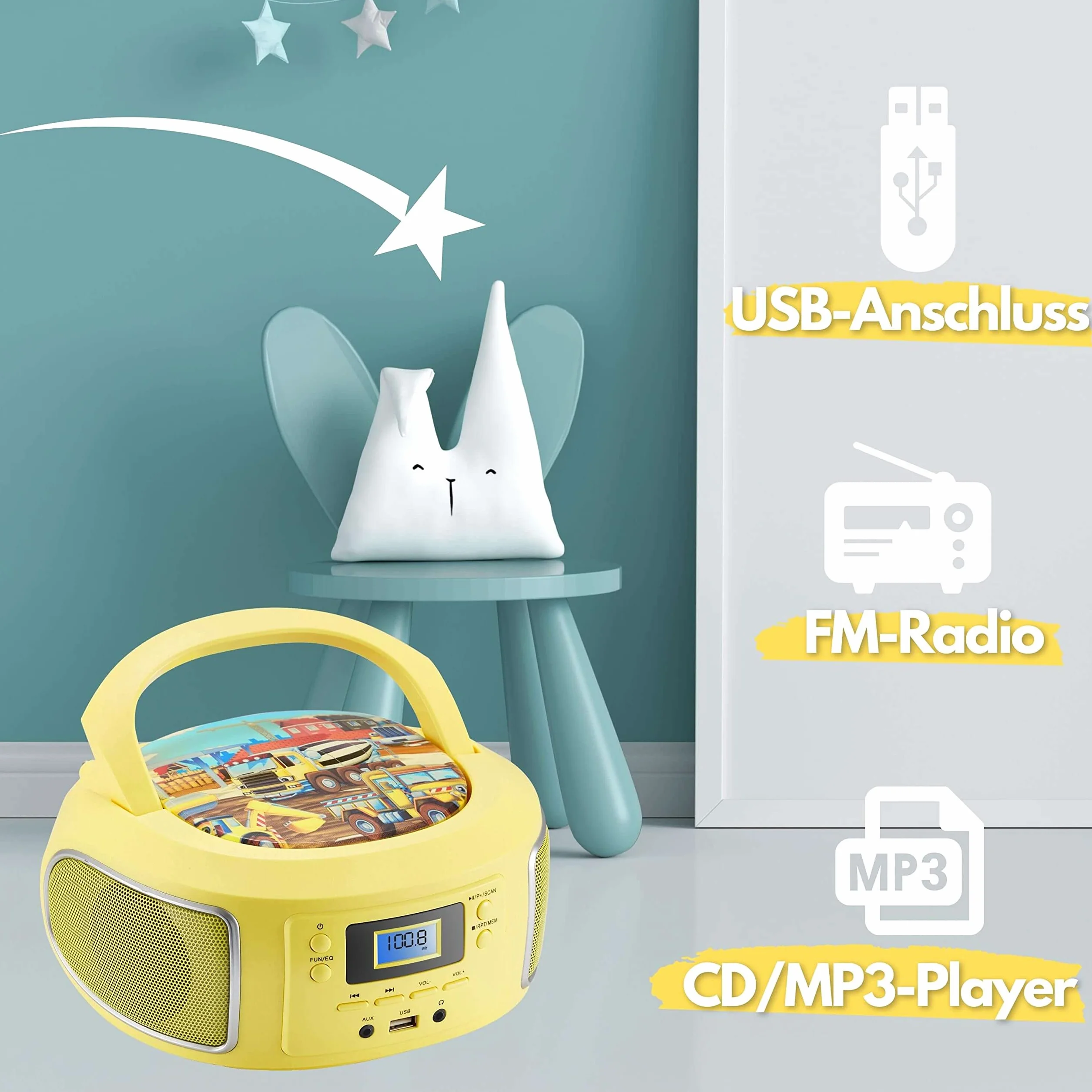 Żółty Lamour | radio FM | AUX-In | CD/CD-R | odtwarzacz | gniazdo słuchawkowe | kompaktowy zestaw | radio dla dzieci