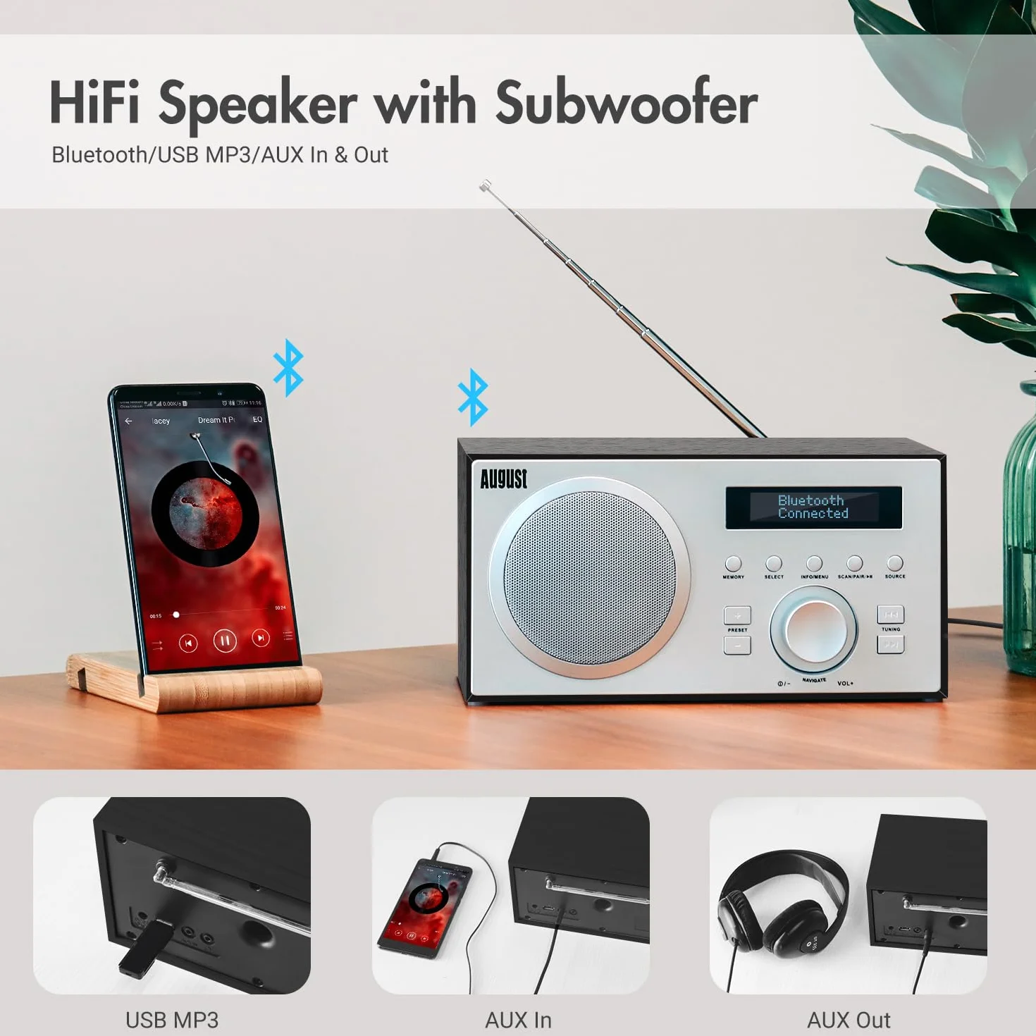 August MB420 Radio DAB+/FM z Bluetooth cyfrowe radio kuchenne z drewnianą obudową z funkcją RDS, 60 ustawień Hifi Bluetooth 5 W – budzik radiowy z funkcją drzemki – USB/Aux-In/Aux-Out