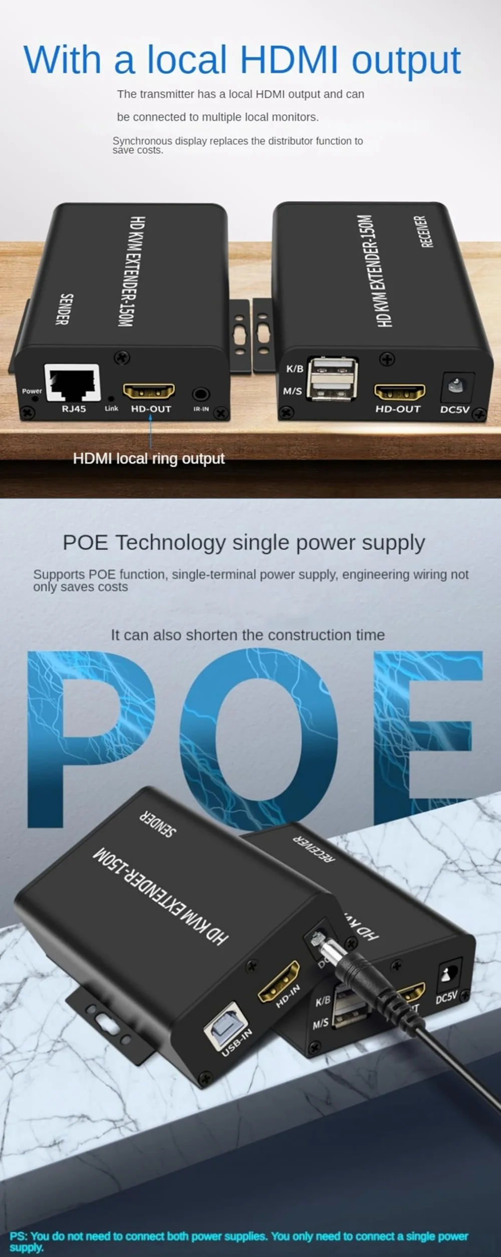 150M HDMI KVM Extender over Cat5e Cat6 1080P HDMI USB KVM 150M Przedłużacz transmisji z pętlą obsługa USB klawiatura rozszerzenie myszy