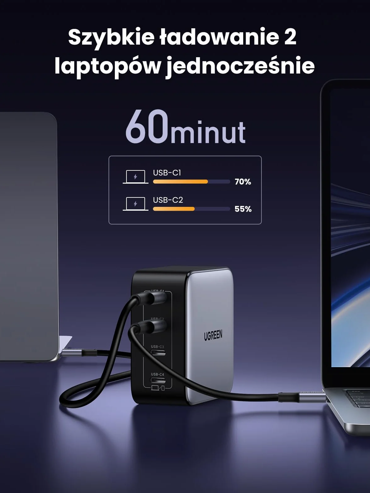Ładowarka UGREEN Nexode 100W USB C z 4 portami USB-C Zasilacz GaN Ładowarka wielokrotna PD obsługuje PPS 45W kompatybilna z MacBookiem Pro/Air, iPadem Pro/Air, serią iPhone 16-8, Galaxy S24