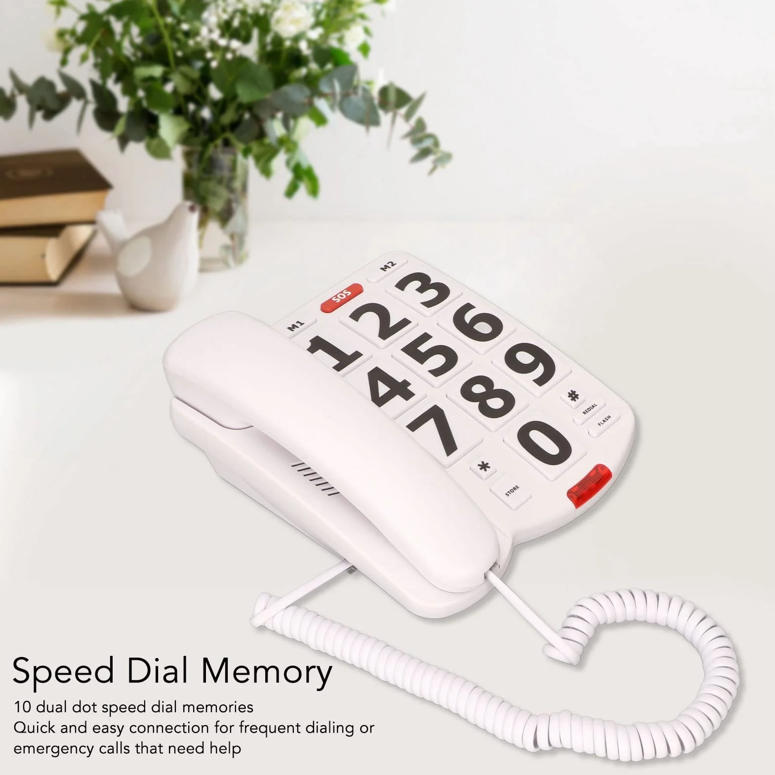 Telefon z Dużymi Przyciskami dla Seniorów, Bardzo Głośny Dzwonek, Regulowana Głośność i Długi Przewód, Telefon Przewodowy dla Osób Niedosłyszących i Niedowidzących