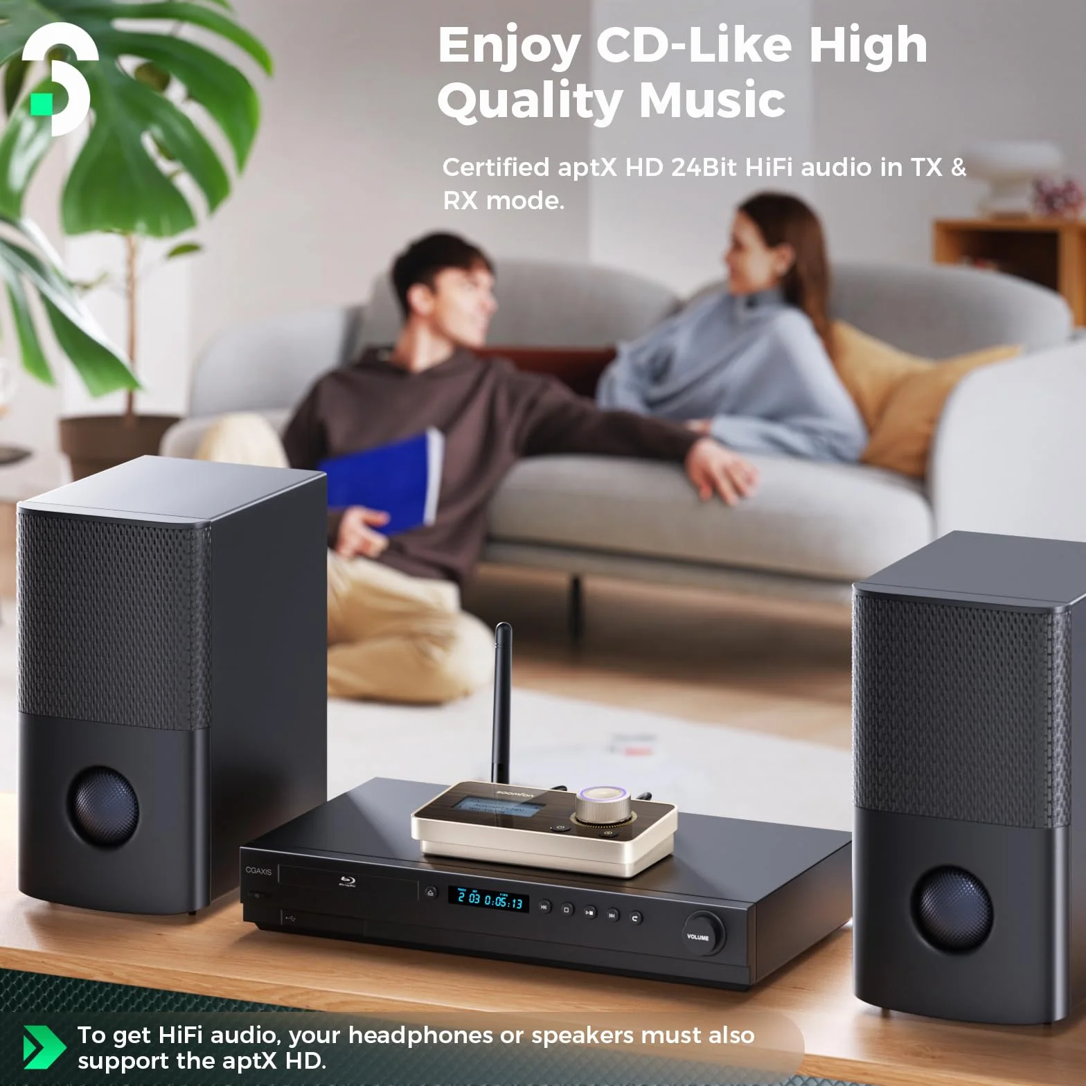 SOOMFON Bluetooth 5.2 nadajnik odbiornik aptX HD podwójny link audio adapter TV do słuchawek stereo optyczny AUX RCA