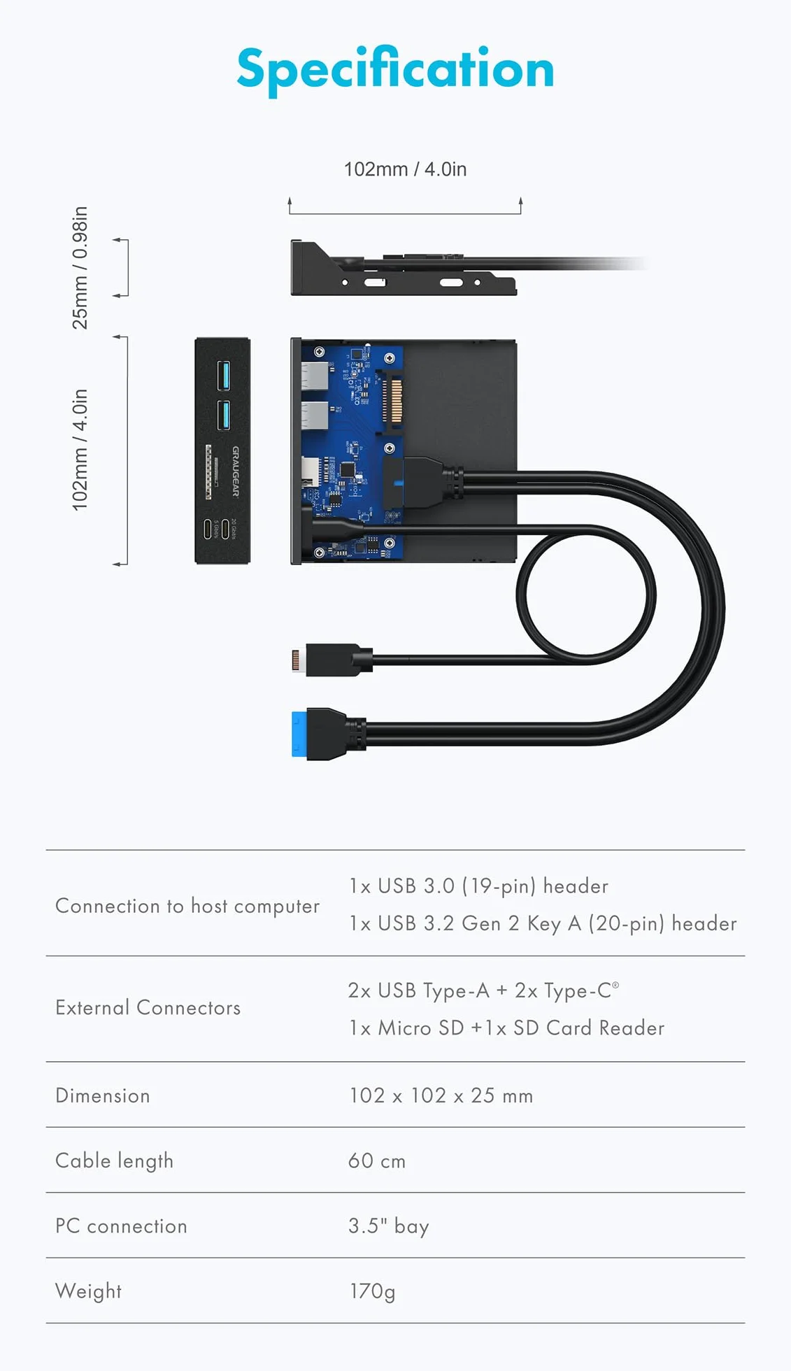 GRAUGEAR 6 interfejsów panel przedni o przekątnej 3,5 cala, USB3.2 Gen2 x 2 typ C do 20 Gbit/s, 2 x USB-A+USB-C, czytnik kart SD+microSD, Key-A 20-pin i 19-pinowy nagłówek, metal