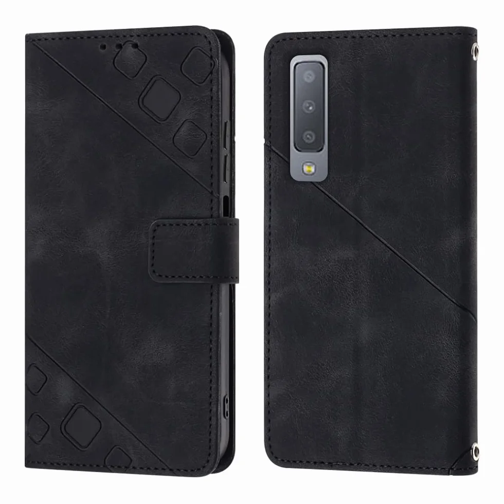 Etui kompatybilne z Samsung Galaxy A7 2018/A750, etui typu crossbody do Samsung Galaxy A7 2018/A750, magnetyczne etui z klapką, z regulowaną smyczą na szyję, smycz, przegródki na karty (czarne)