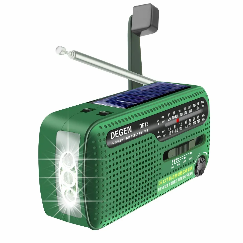 DEGEN DE13 Cranked Solar FM AM SW Odbiornik z Latarką Alarmem SOS Telefon Komórkowy Ładowanie Awaryjne Zielony