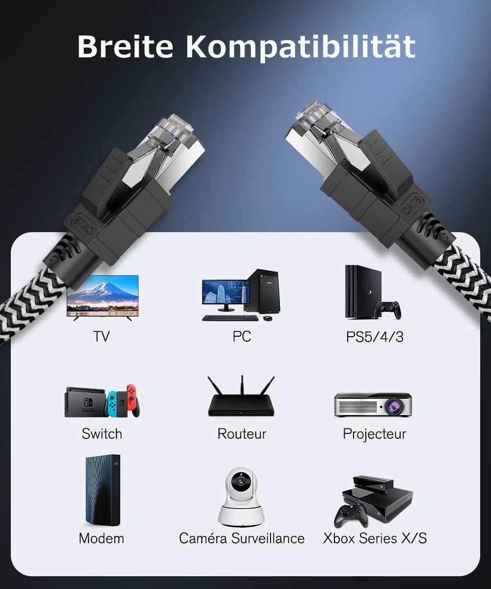 Kabel Ethernet Cat 8 Kabel Sieciowy,15M Nylonowy Pleciony 40Gbps 2000MHz Szybki Kabel LAN, S/FTP Zabezpieczony Miedźmi RJ45 Kabel, Odpowiedni dla Ps5/laptopa/routera/gry/modem