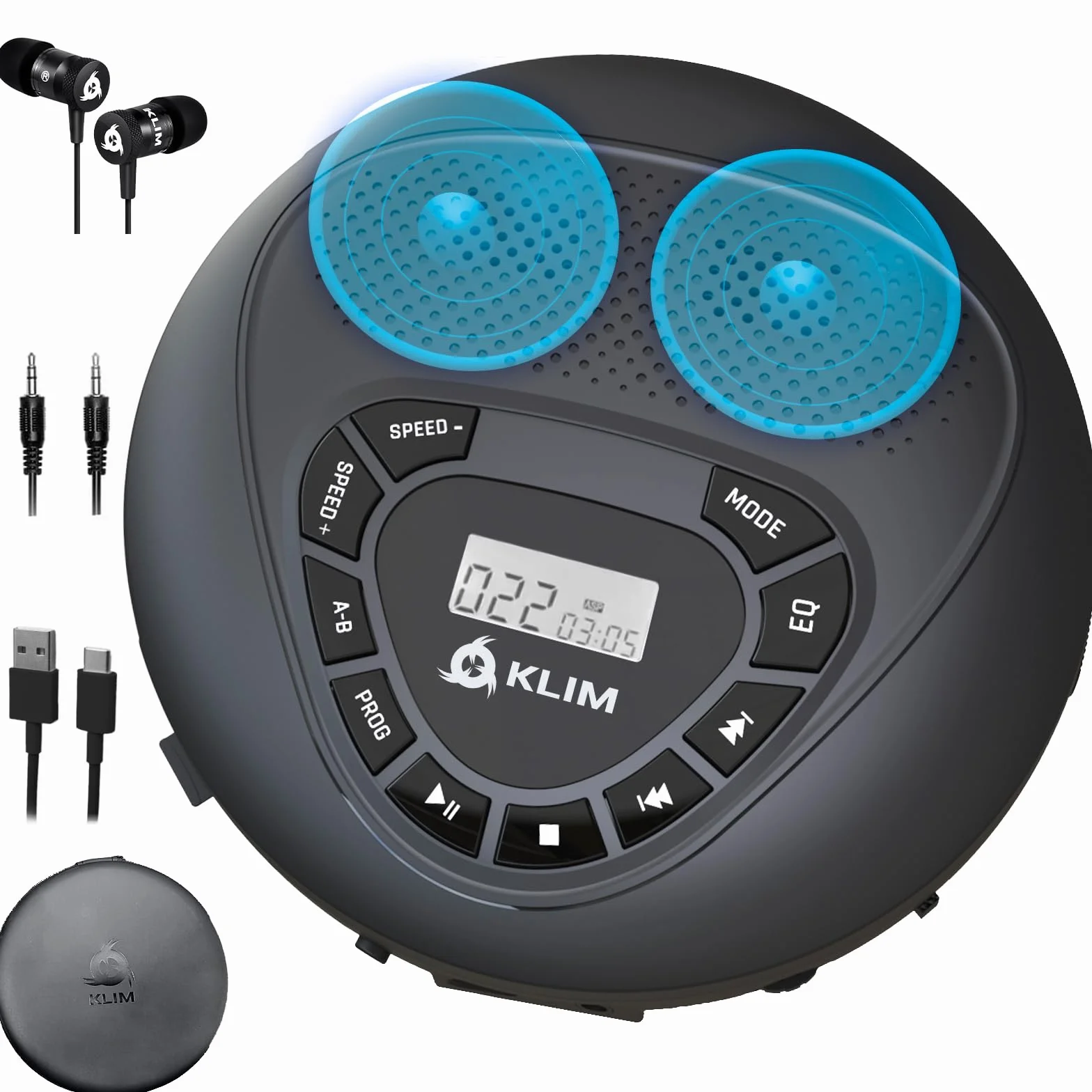 KLIM Głośnik + odtwarzacz CD Bluetooth z głośnikami + nowy + Discman + akumulator + przenośny odtwarzacz CD ze słuchawkami + odtwarzacz CD przenośny + karta SD + AUX + idealny do samochodu, domu