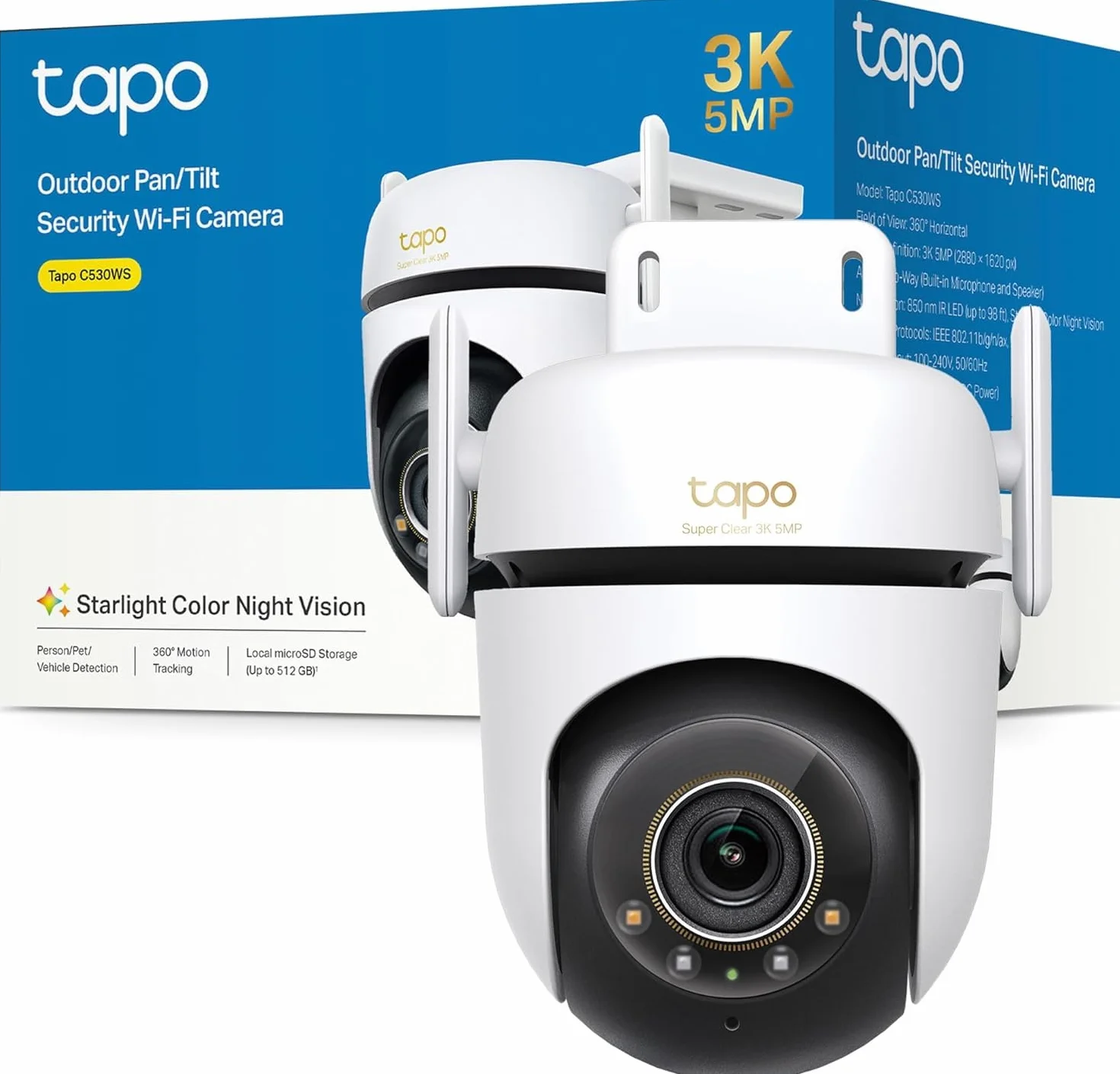 TP-Link Tapo C530WS | Kamera obrotowa Wi-Fi 3MP z kolorowym trybem nocnym | Pan/Tilt/Zoom | AI detekcja | IP66 | Kompatybilna z Alexa i Google Home