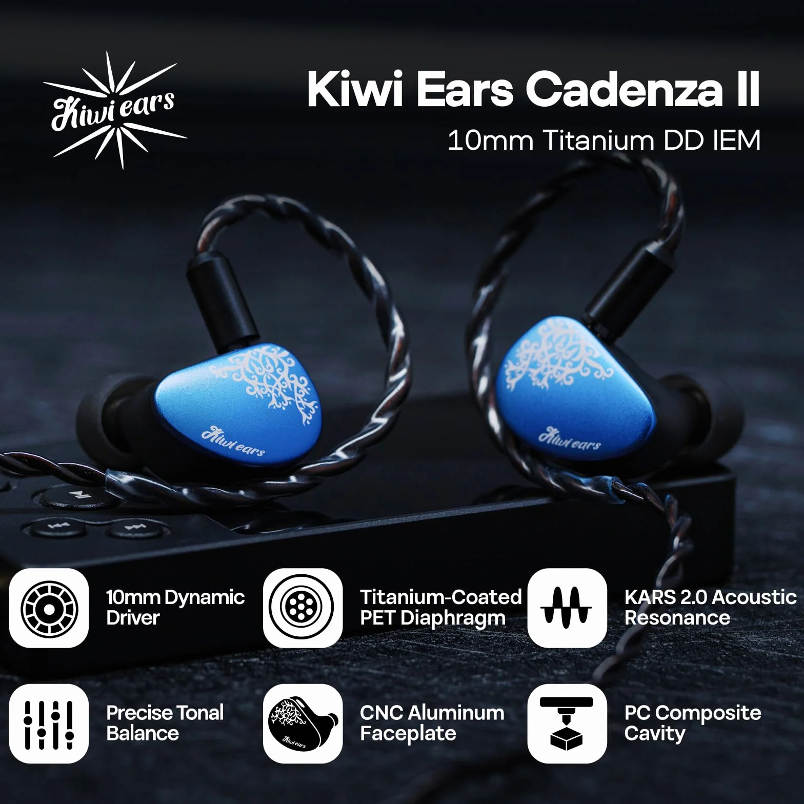 Linsoul Kiwi Ears Cadenza II 10 mm tytanowy przetwornik douszny, przewodowe słuchawki douszne HiFi z KARS 2.0, precyzyjna równowaga tonów, aluminiowa płytka czołowa CNC dla muzyków (Blue)