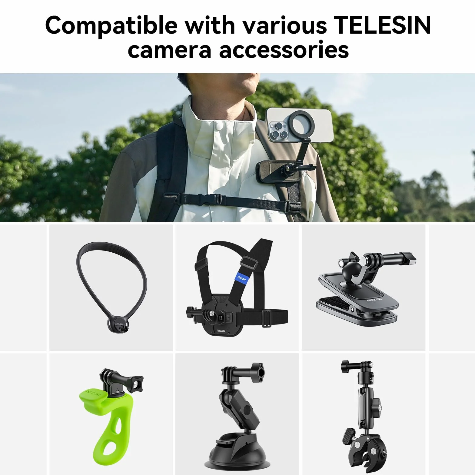 TELESIN Magnetyczny uchwyt na telefon iPhone z systemem Android, trzyczęściowy drążek obrotowy, uchwyt do selfie POV/Vlog, akcesoria rozszerzające do pasów piersiowych, telefon komórkowy, z linką