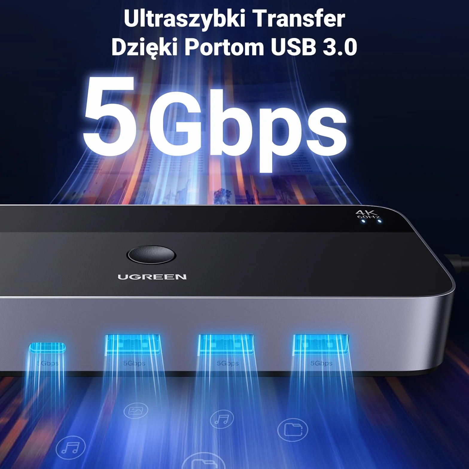 UGREEN HDMI 2.0 KVM Przełącznik 4K@60Hz USB 3.0 Przełącznik 4 porty USB (3*USB 3.0+USB C) Udostępnianie 1 Monitora i Klawiatury, Myszy, Drukarki, Dysku U na 2 PC z 2 USB kablami i 2 HDMI kablami.