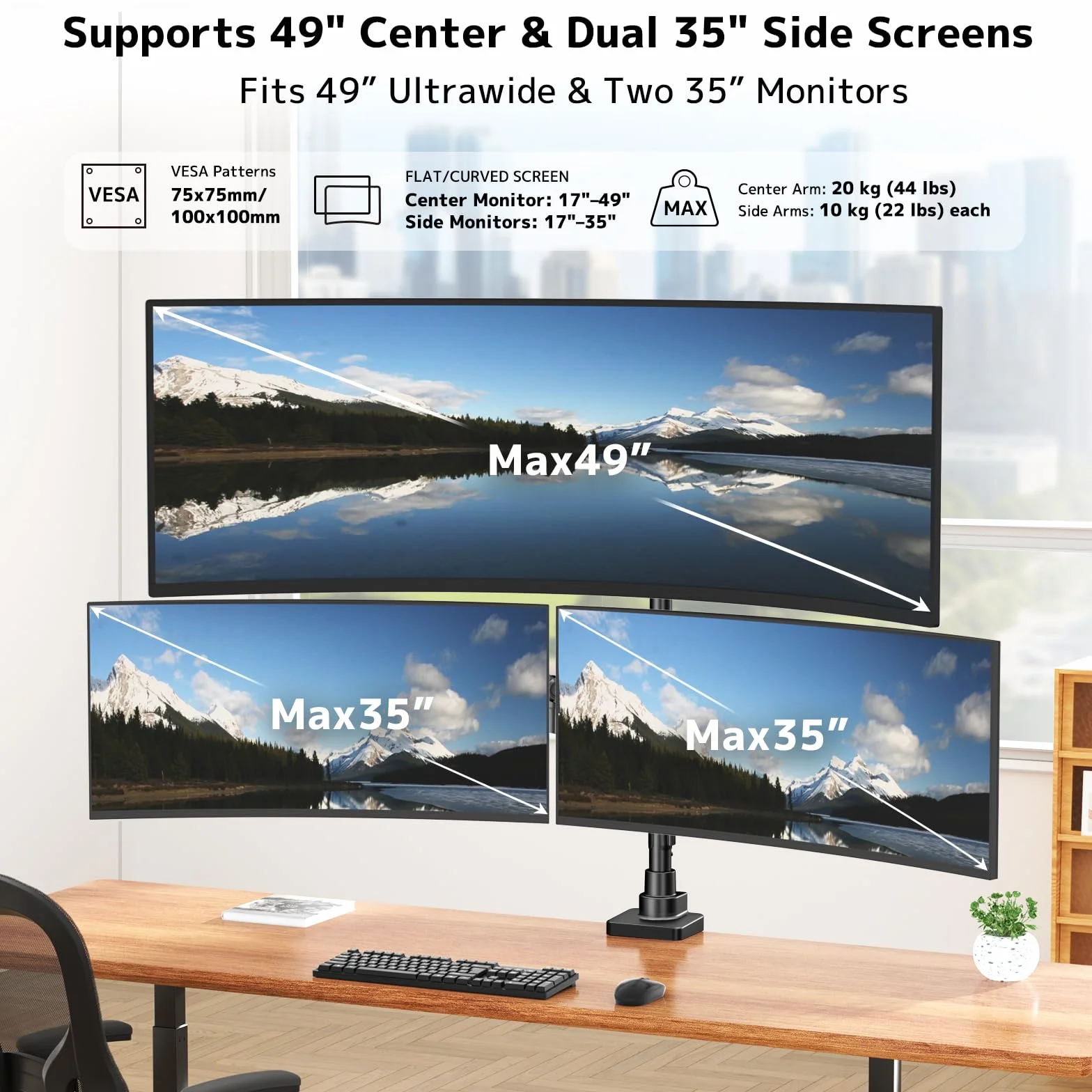 Uchwyt do monitora, 3 monitory, biurko – 1 stały 49" i 2 sprężyny gazowe 35", uchwyt na ekran, 3 monitory, regulacja wysokości, drążek 80 cm, uchwyt stołowy do 20 kg