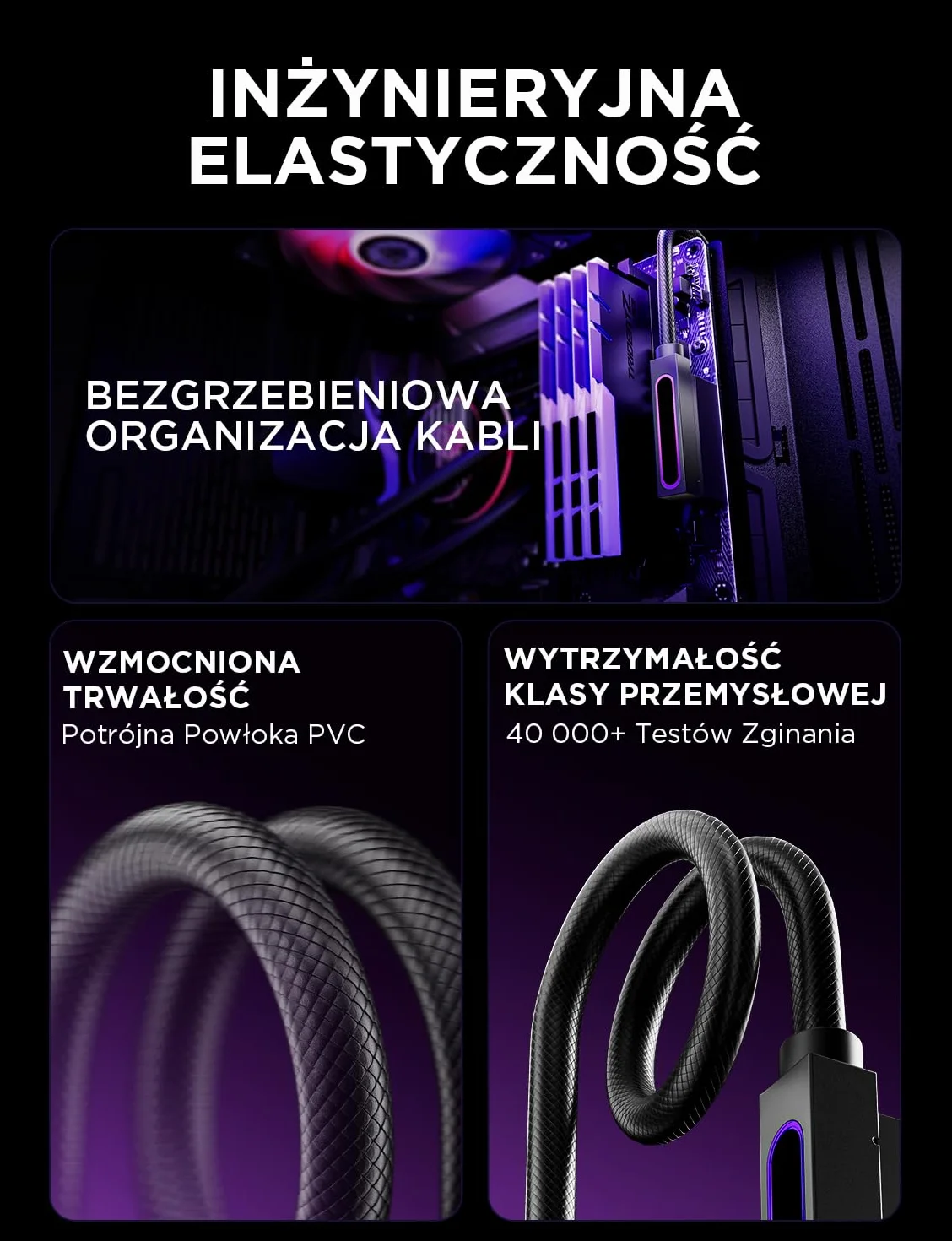 AsiaHorse Hydrus 24-pinowy przedłużacz kabla PSU R, PC 24-pinowy kabel Sleeved Cable do 24 pin ATX [18AWG] zasilacz Cable Extensions, 5 V 3-pinowy ARGB SYNC HYDRUS-24PIN-BLACK-L-30CM