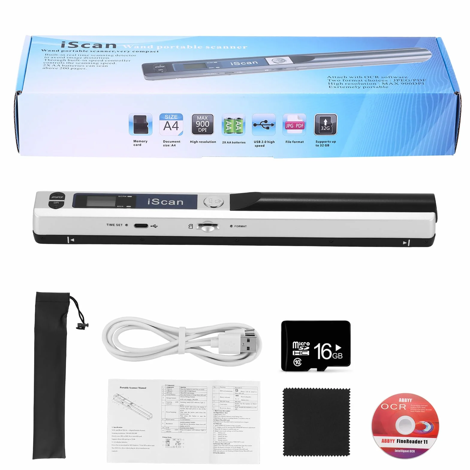 Przenośny skaner 900DPI A4 USB biały z kartą 16GB TF