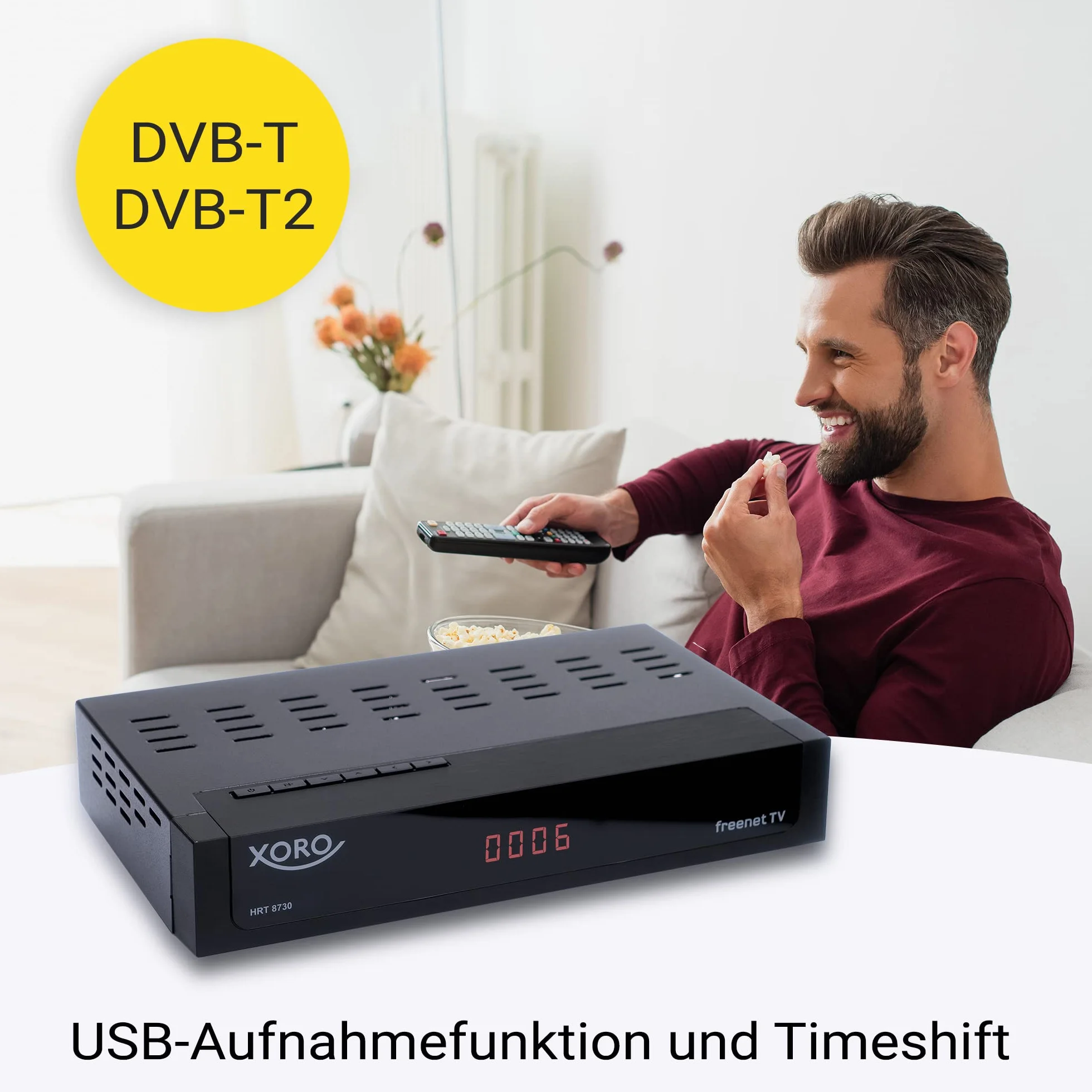 XORO Odbiornik DVB-C/T2 Combo HRT 8730 Hybrid z odtwarzaczem multimedialnym USB, PVR Ready, Timeshift, wbudowanym systemem dostępu Irdeto do Freenet TV i 6 miesięcy