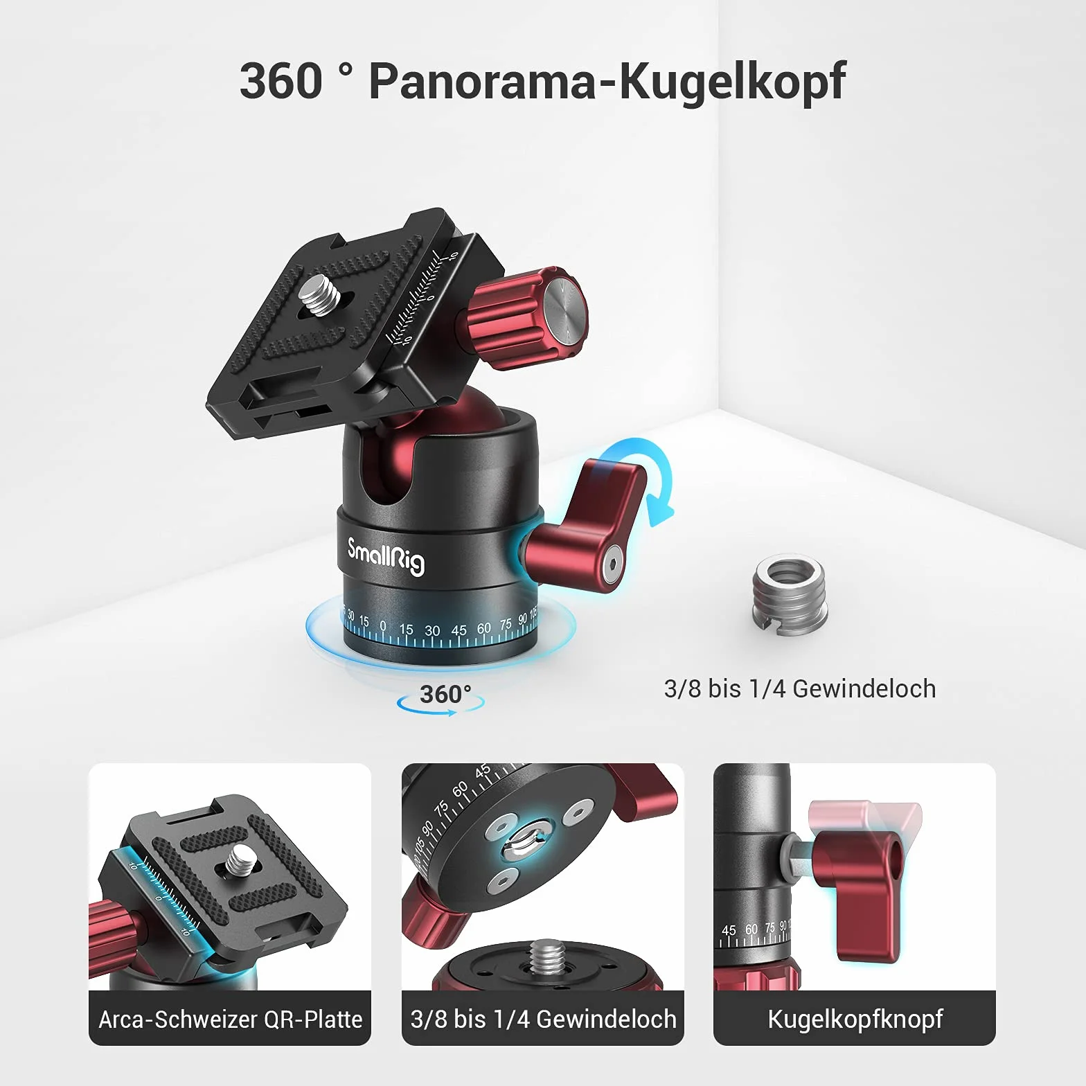 SMALLRIG Głowica kulowa 360° z mocowaniem śrubowym 1/4 cala, aluminiowa mini głowica statywu, udźwig 8 kg, do Canon/do Sony/do Nikon/do Panasonic/DSLR//smartfonów - 3034