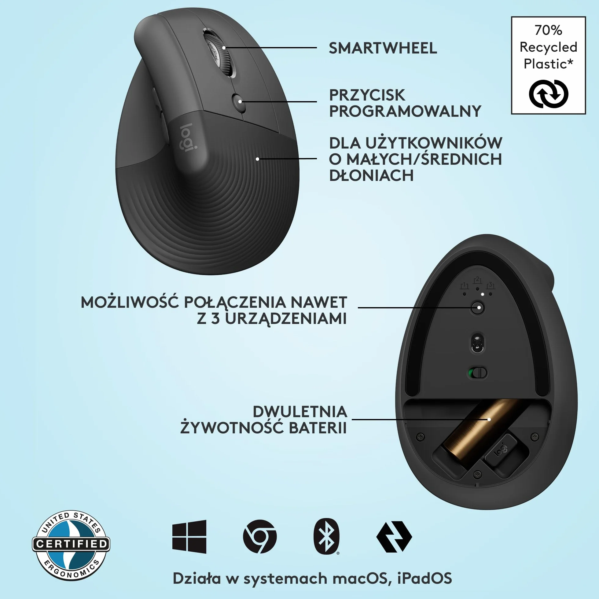 Logitech Lift Vertical, Ergonomiczna, bezprzewodowa mysz Bluetooth z odbiornikiem Logi Bolt USB, ciche przyciski, 4 przyciski, zgodna z Windows/macOS/iPadOS na laptopy/PC - Szary