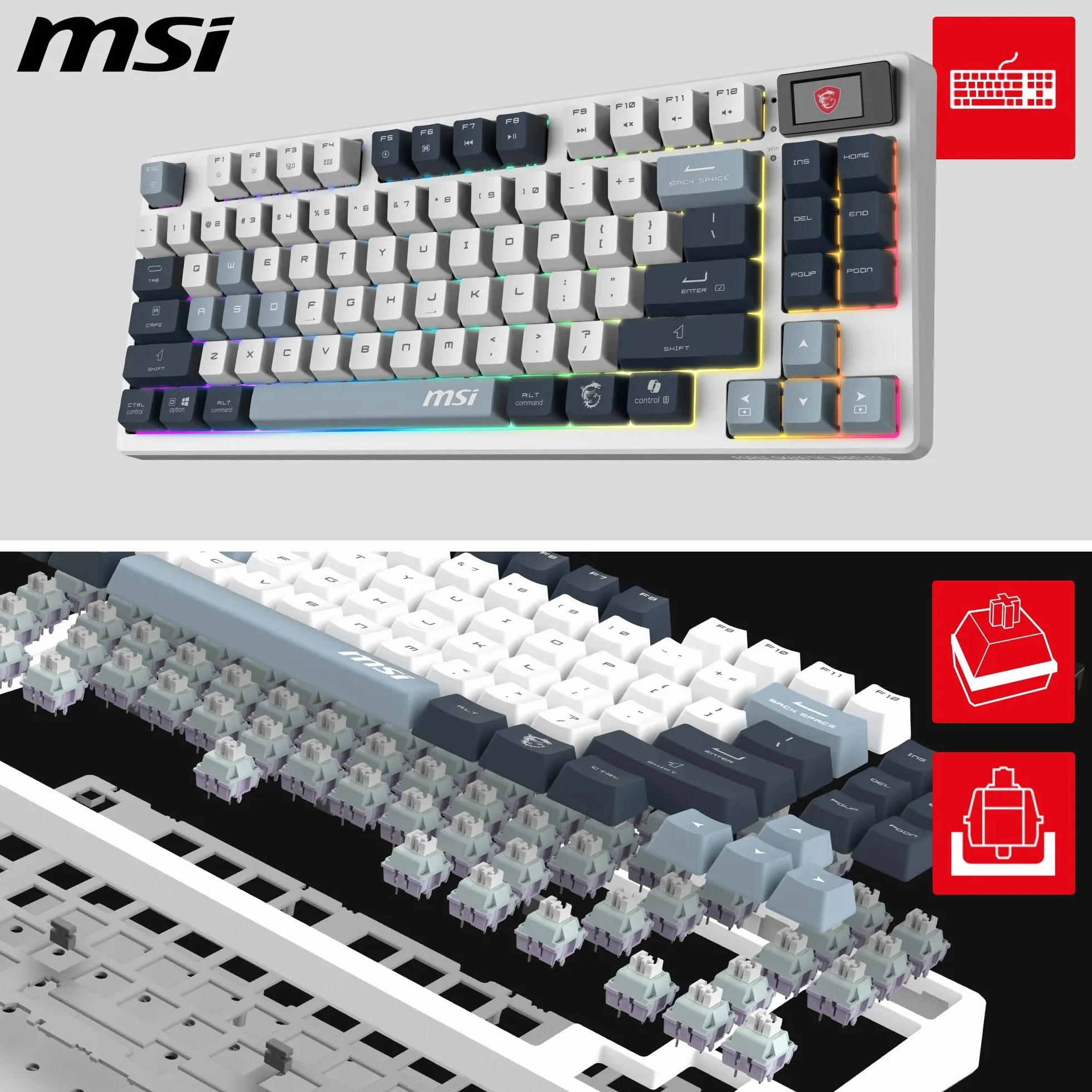 MSI Forge GK600 TKL Wireless Sky FR - AZERTY Mechaniczna klawiatura z przełącznikiem liniowym - sublimacyjne drukowane klawisze PBT, antypoślizgowy spód, LED RGB, USB 2.0, Bluetooth, 2.4 GHz