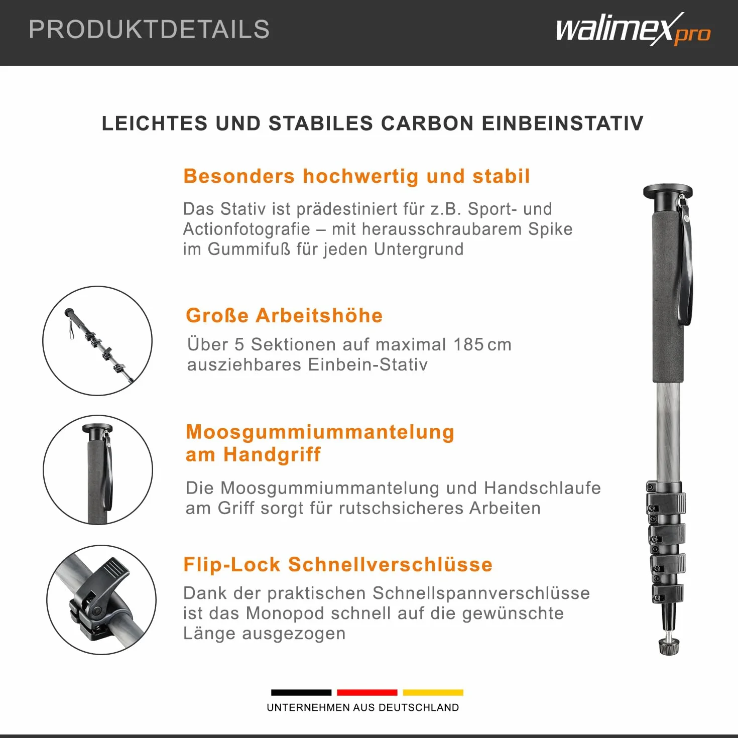 Walimex Pro WAL-1983 Carbon Pro Monopod (maks. wysokość 185 cm)