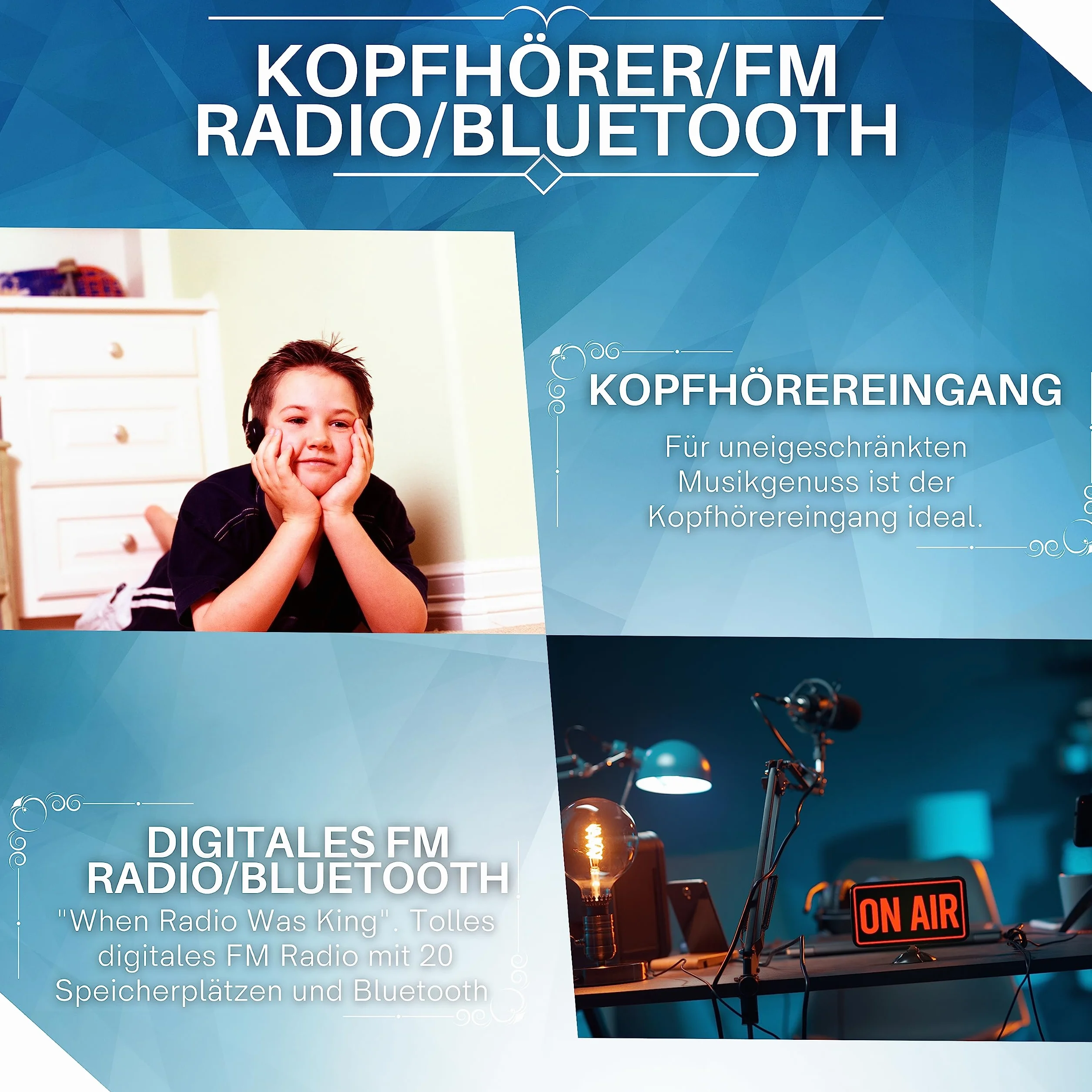 Przenośny odtwarzacz CD - Boombox - CD/CD-R - USB - Radio FM - Wejście AUX - Gniazdo słuchawkowe - Odtwarzacz CD - Radio dla dzieci - CD - Kanał stereo - Kompaktowy system (Dark Blue)