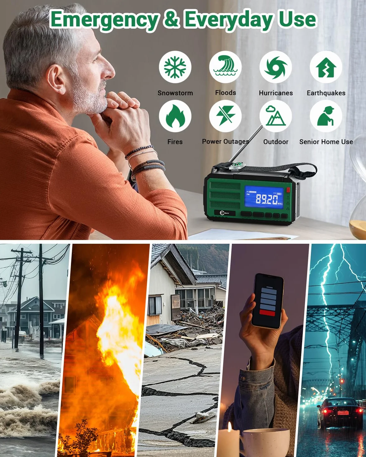 Esky 10000 mAh radio awaryjne AM/FM z powerbankiem, latarką, lampą do czytania, alarmem SOS i kompasem, ładowanie USB/słoneczne/korbą ręczną