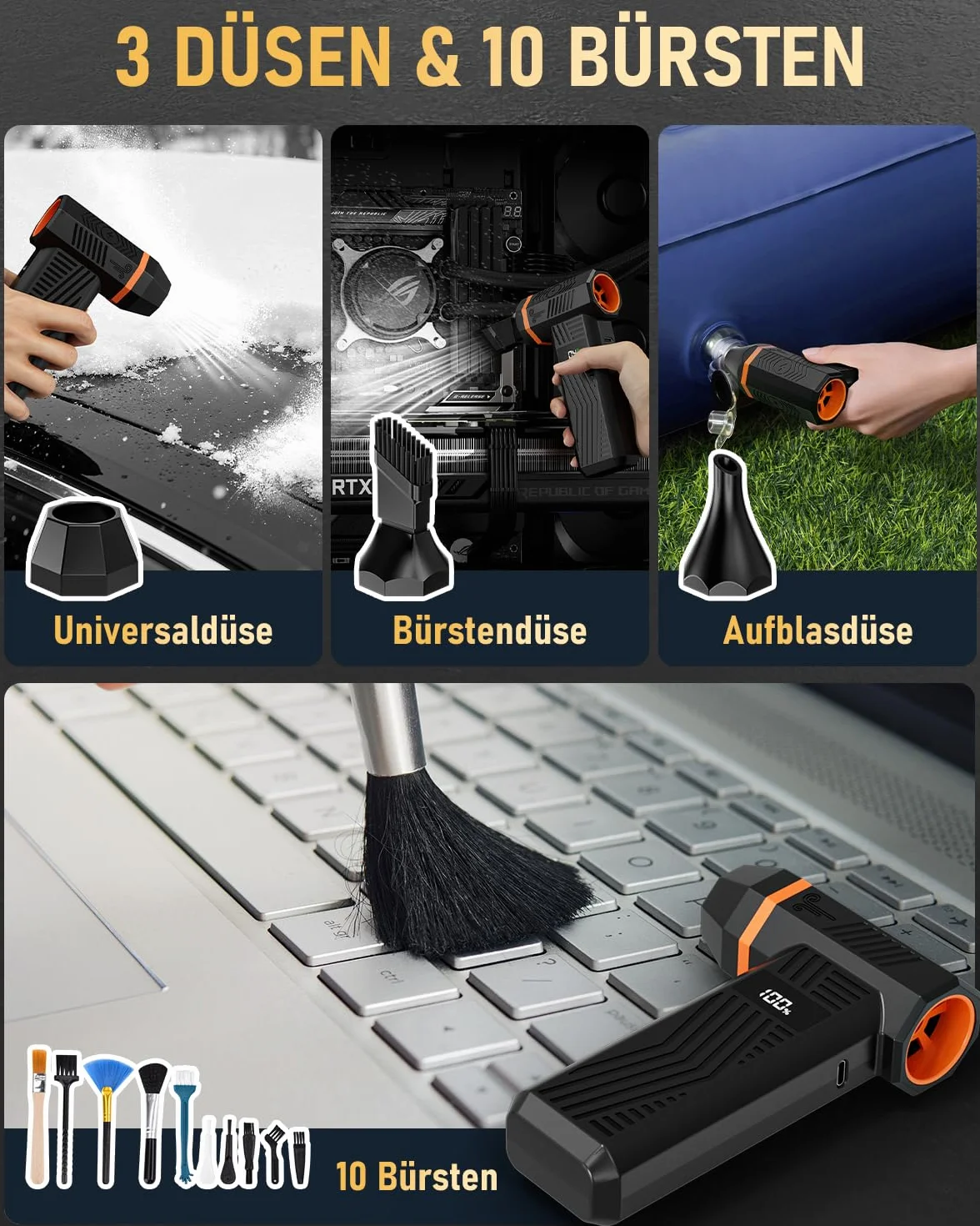 Elektryczna dmuchawa do kurzu, GLAM Air Duster, akumulator 4-stopniowy 150000 obr./min, sprężone powietrze do czyszczenia elektroniki, klawiatury, komputera, samochodu i sofy
