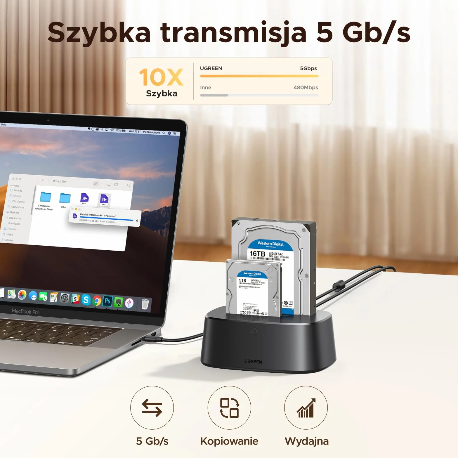 UGREEN Stacja dokująca USB 3.0 do dysków twardych SATA HDD SSD 2,5/3,5 cala Dual Bay 5 Gb/s klonowanie offline UASP