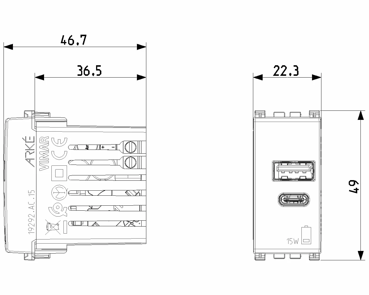 Vimar Arké zasilacz USB 15W 3A 5V wyjścia USB A i USB C