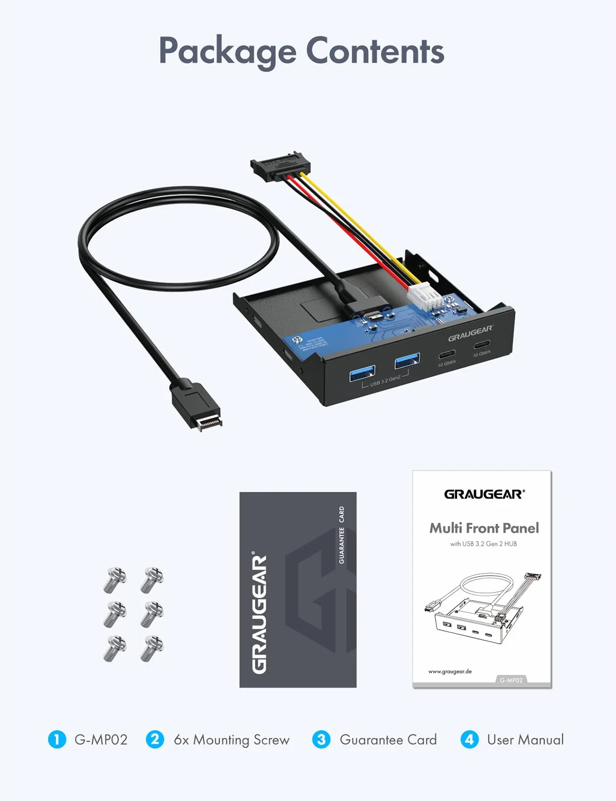GRAUGEAR | 4 porty 10 Gbit/s panel przedni | 2 x USB-C+2X USB-A USB3.2 Gen2 HUB | osłona przednia do kieszeni 3,5 cala | USB3.2 Gen2 Key A 20-pinowy nagłówek | metal | G-MP02