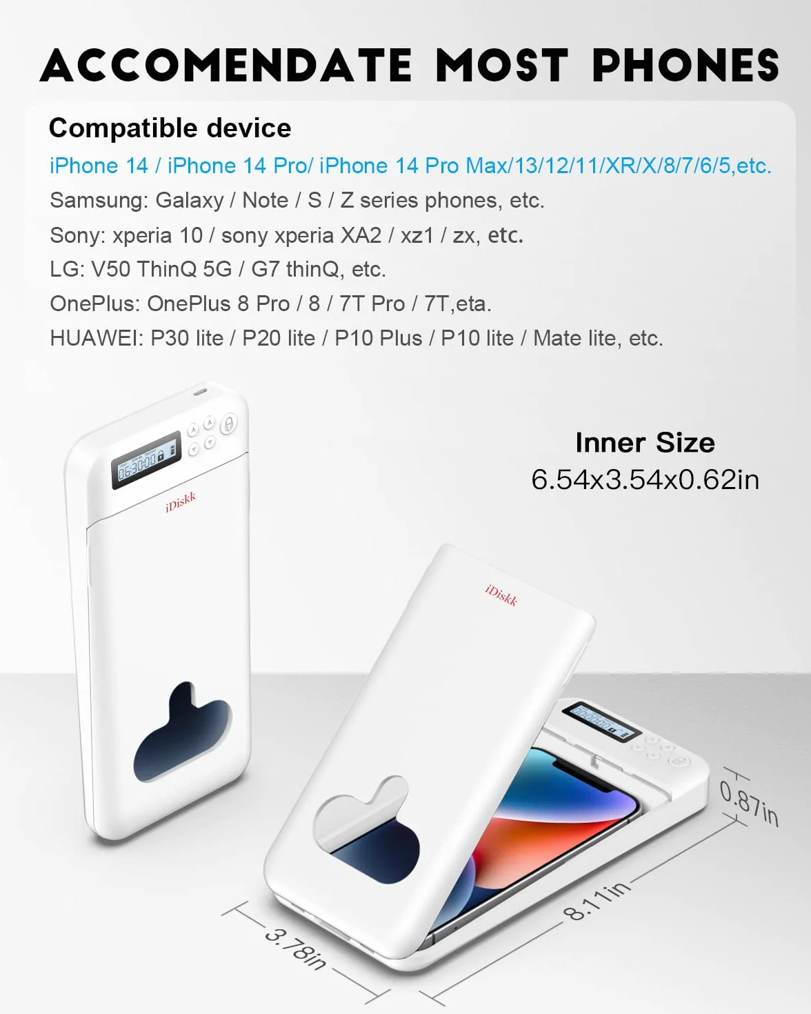 iDiskk Więzienie na telefon z blokadą timera do Androida/iPhone'a 6,7 cala samokontrola biała
