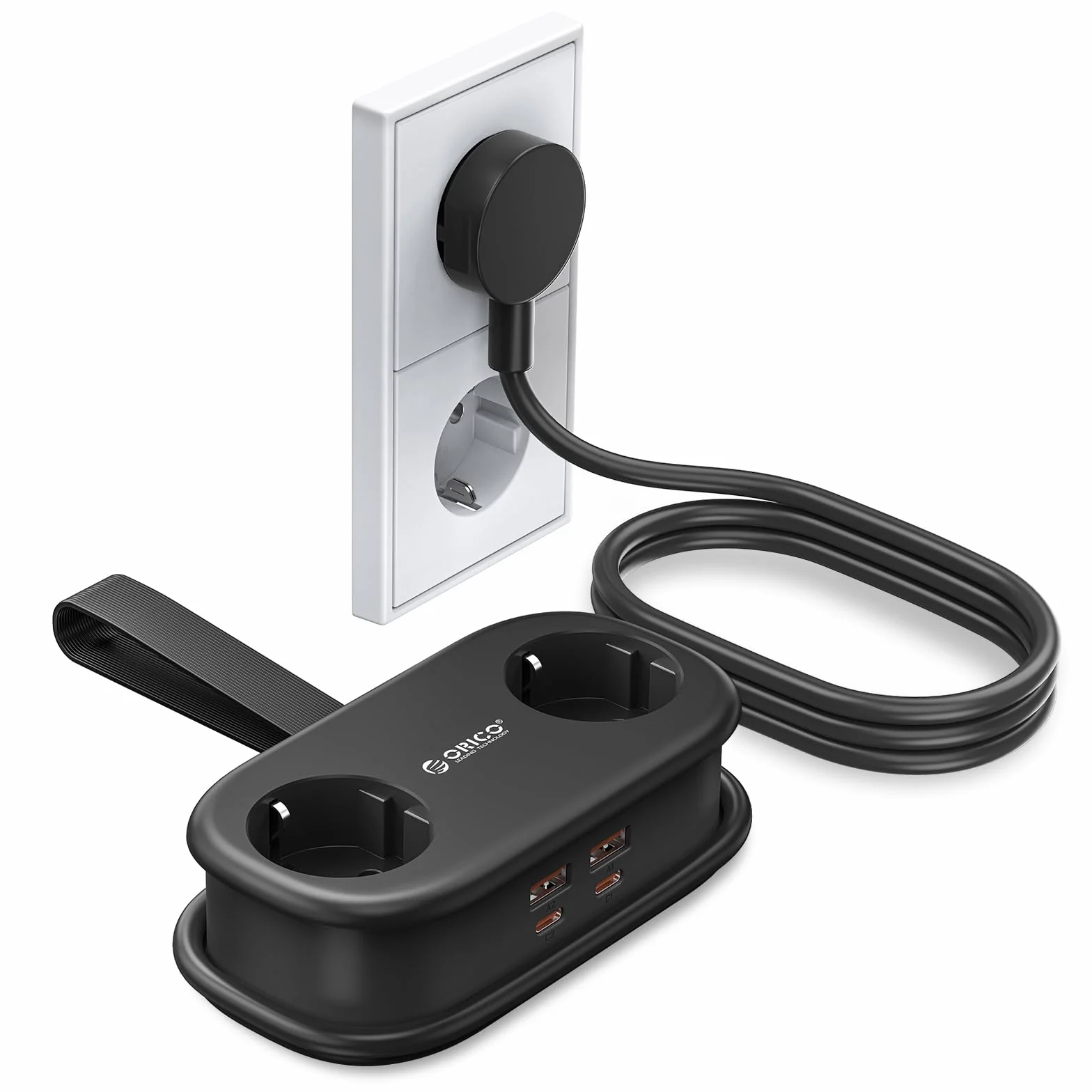 ORICO GaN listwa zasilająca 65 W z USB C, 6 w 1, listwa zasilająca do szybkiego ładowania z 4 USB, przedłużacz o długości 1,6 m, do MacBooka, iPada, telefonu komórkowego, w podróży, AP3, kolor czarny
