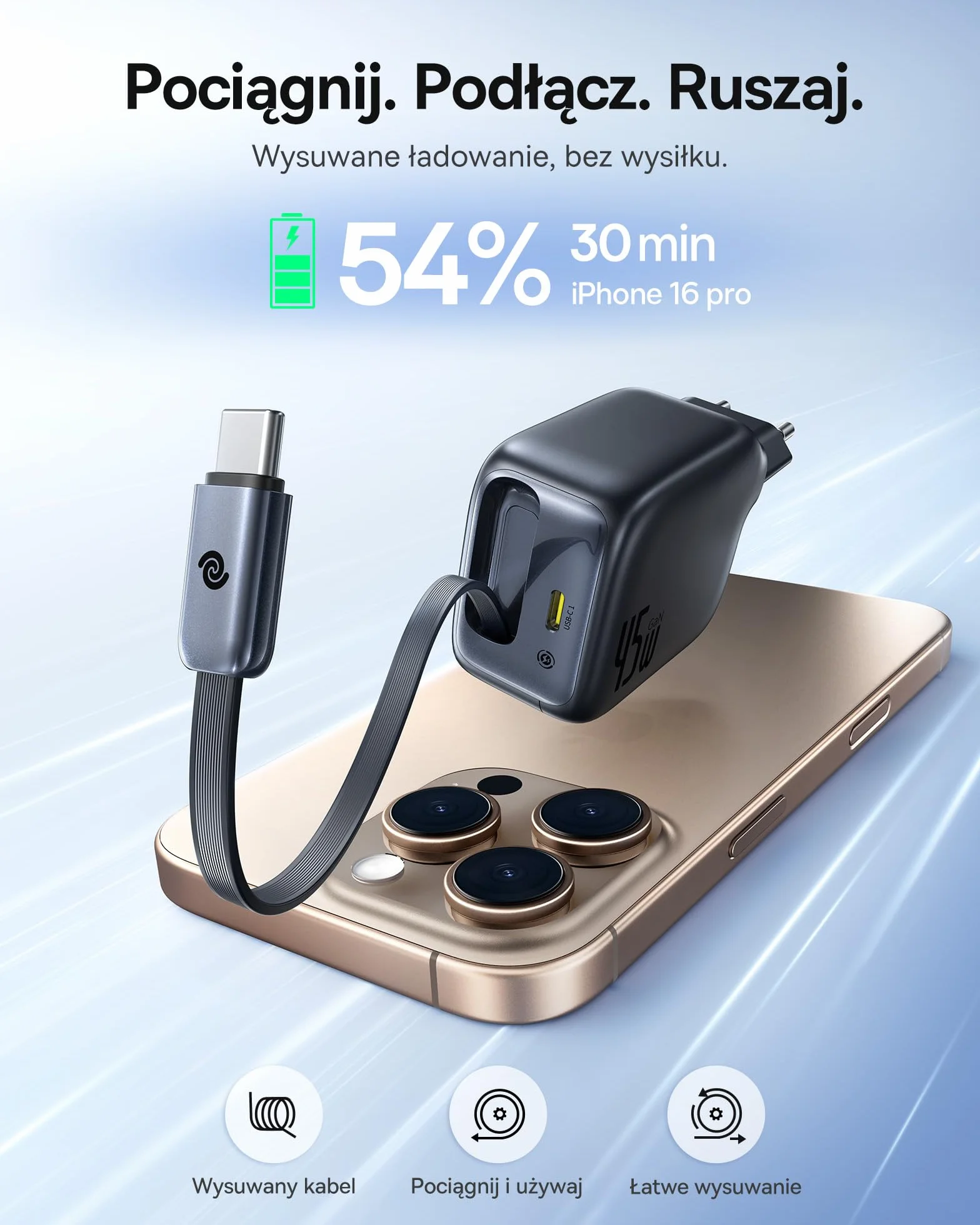 Ładowarka USB-C 45W do iPhone, Baseus Enercore z kablem USB-C, ładowarka do iPada, szybkie ładowanie PPS dla iPhone 16/15/14/13/12/11 Pro Max/Air, Samsung Galaxy S25, Pixel, z wysuwanym kablem