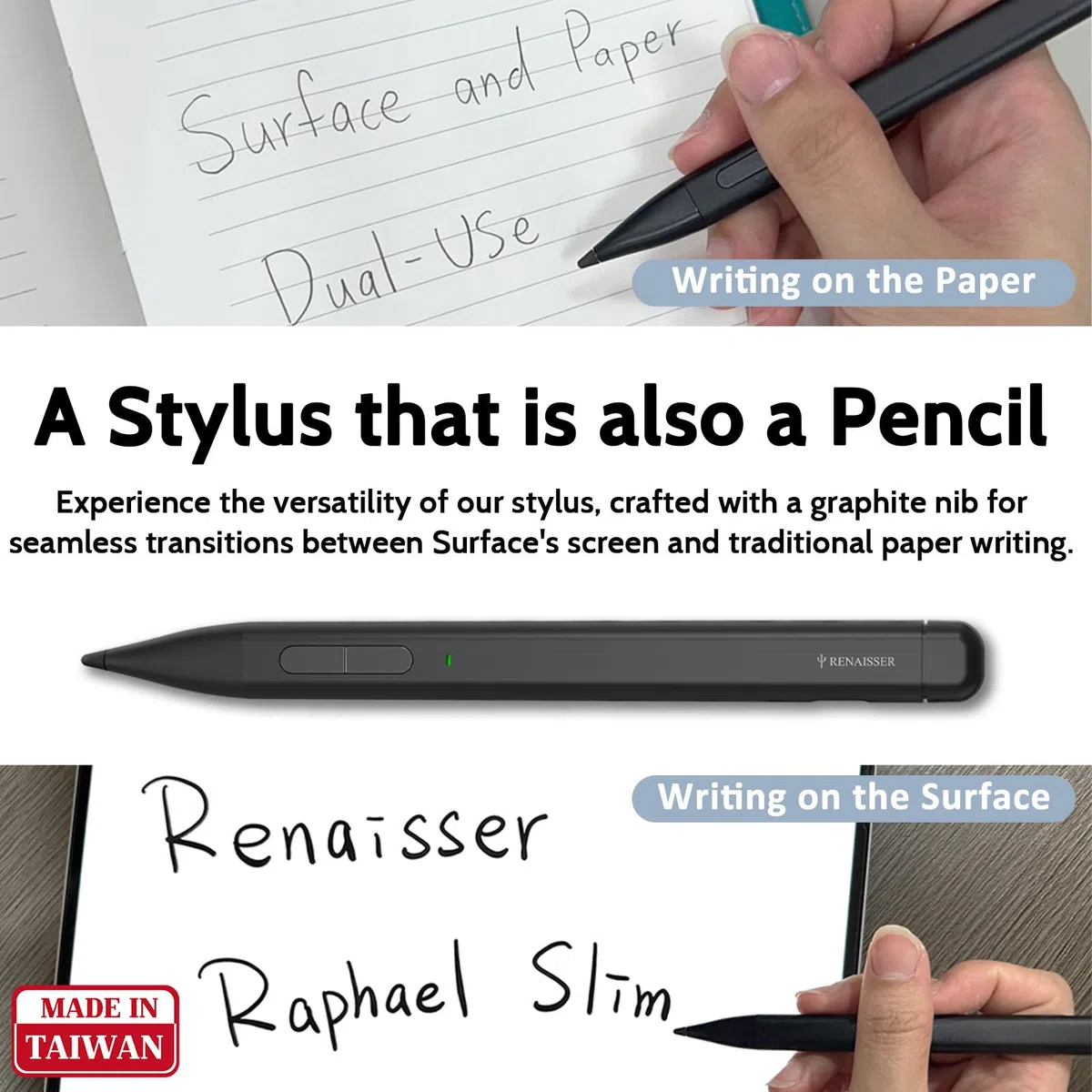 RENAISSER Raphael Slim Rysik do Microsoft Surface, kompatybilny z klawiaturą Surface Pro, wyprodukowano na Tajwanie, podwójne zastosowanie ekranu-papier, czułość na nacisk 4096, Bluetooth Shortcuts