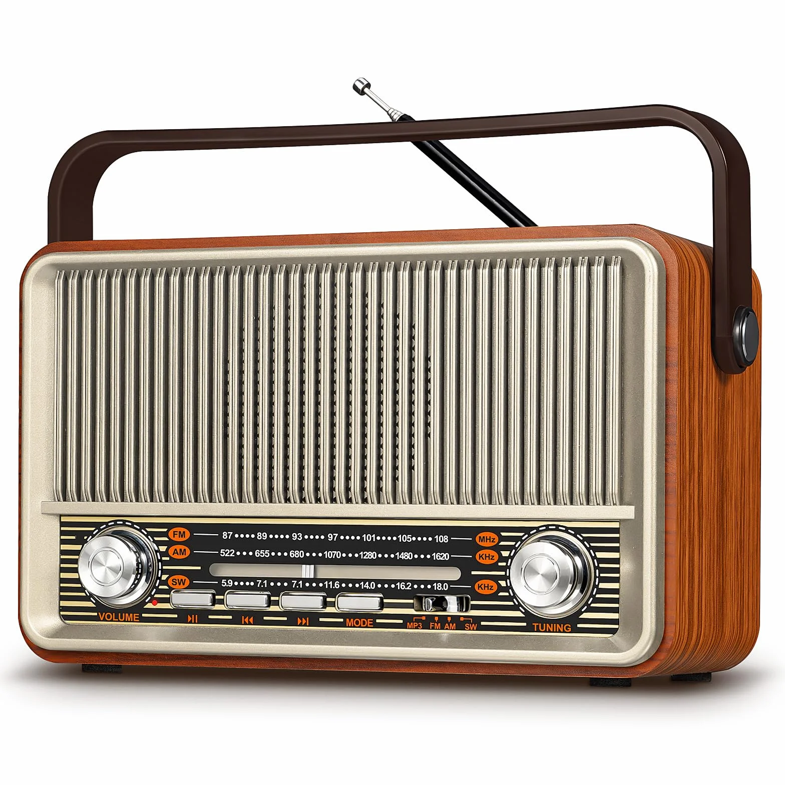 PRUNUS J-120 przenośne radio retro, małe radios SW AM FM z głośnikiem Bluetooth, zasilane akumulatorem 1800 mAh lub siecią, radio vintage obsługuje odtwarzanie AUX TF USB