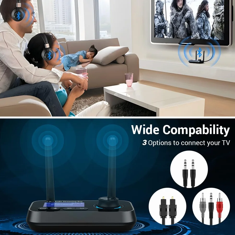 Bluetooth 5.3 adapter audio 3-w-1 nadajnik odbiornik niska latencja AUX optyczne RCA