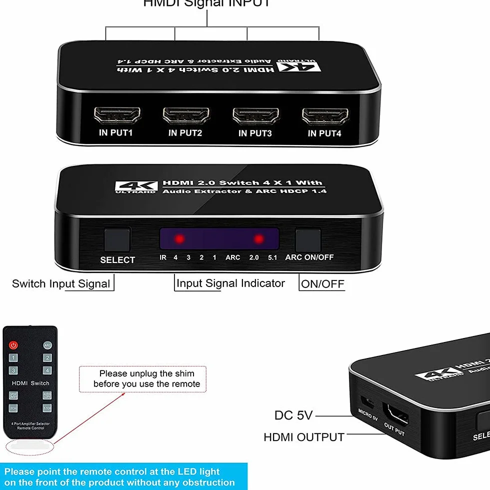 Przełącznik HDMI 4x1 4K 60Hz Ultra HD z ekstraktorem audio ARC 3D 1080P 120Hz HDTV
