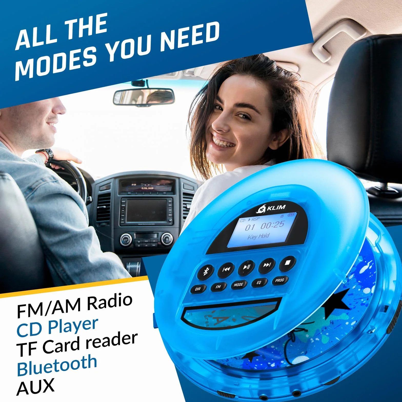 KLIM Nomad Transparent Blue - Przenośny odtwarzacz CD z długotrwałą baterią - w zestawie słuchawki - odtwarzacz MP3 Discman - karta TF, radio FM, Bluetooth, AUX - idealny do domu, samochodów - Wersja