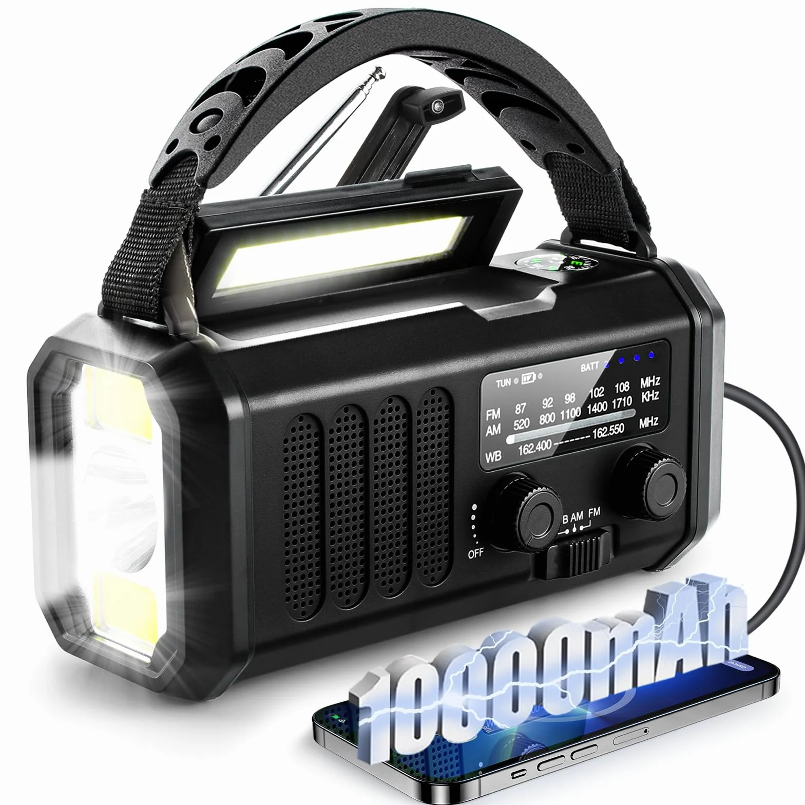 Awaryjne radio pogodowe 10 000 mAh, przenośne radio survivalowe FM/AM/NOAA zasilane bateryjnie i power bank, ładowarka solarna/korba/typ C, latarka, lampka do czytania, kompas,